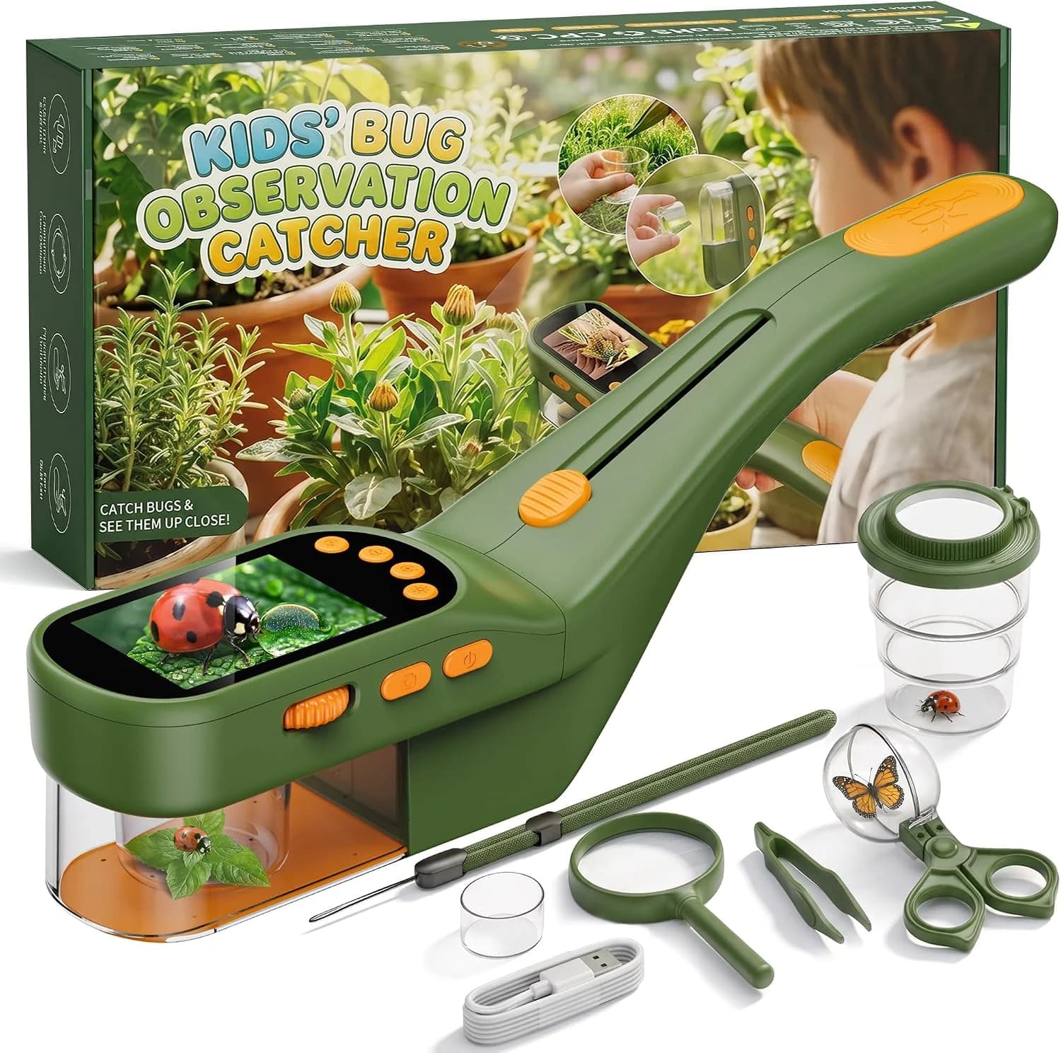 CIMELR Atrapa Insectos con Microscopio, Pantalla 2,4", Kit Explorador Niños, 500X Zoom con Batería 1000mAh, 8 LED, Foto y Vídeo 1080P, Proyección PC, Juguete y Regalo para Niños 3-12 Años