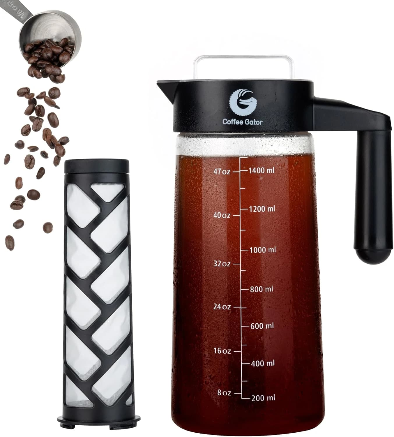 Coffee Gator Cafetera de Émbolo para Preparar Café en Frío Máquina Manual Cold-Brew para Conseguir un Café de Filtro Intenso y Aromático — Incluye Cuchara de Medición y Embudo