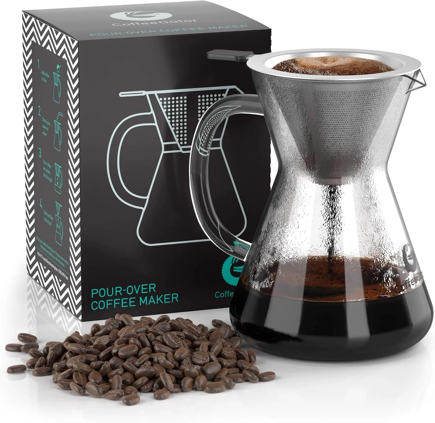 Coffee Gator Cafetera de goteo Pour Over manual con filtro de café permanente de acero inoxidable y jarra. (400ml)