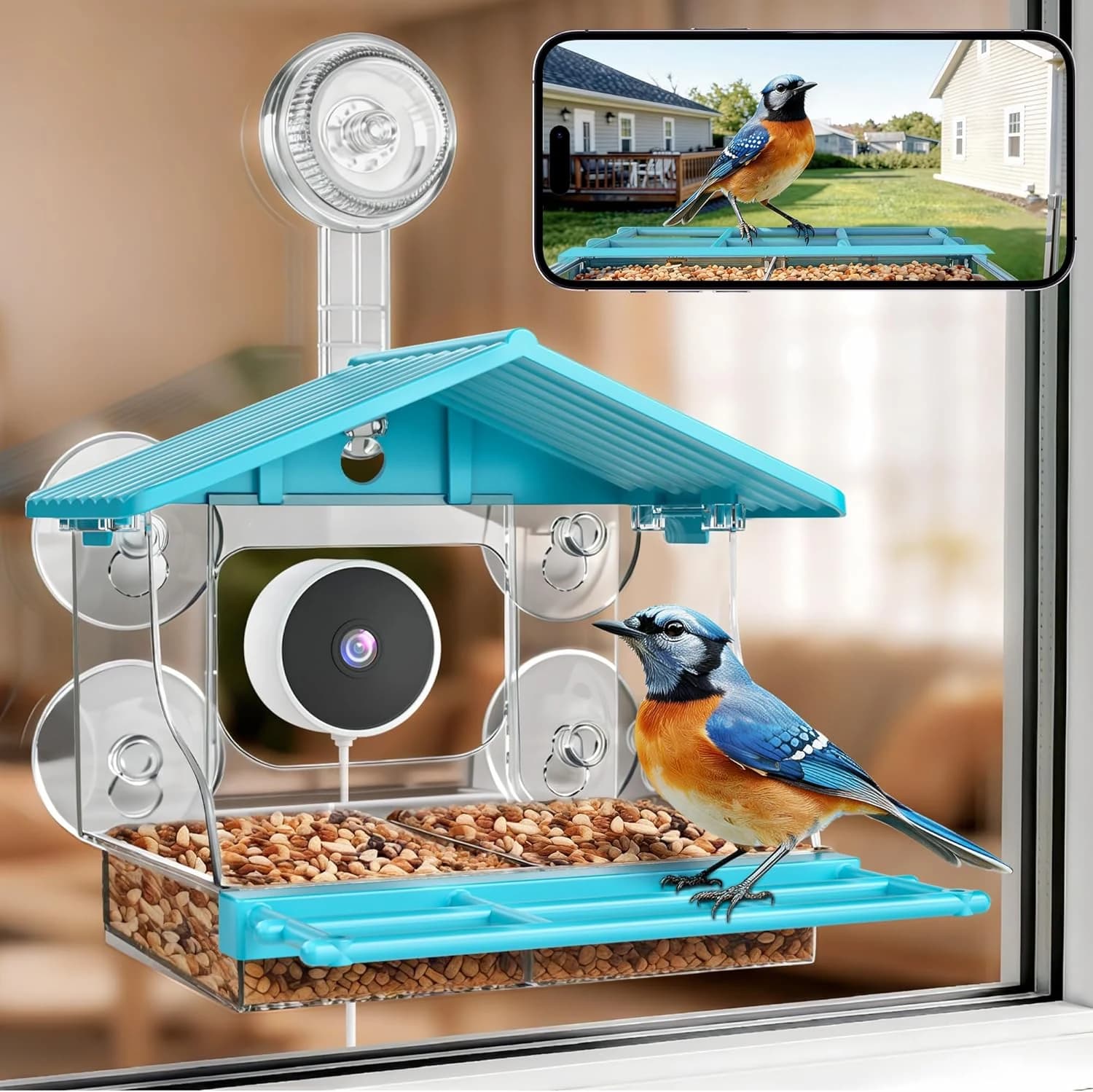 Comedero para pájaros con ventana mejorado 2026 con cámara, 2K UHD para exteriores con ventosas fuertes, WiFi 2.4G y 5G, identificación de aves IA, grabación local 24/7, perfecto para observación de
