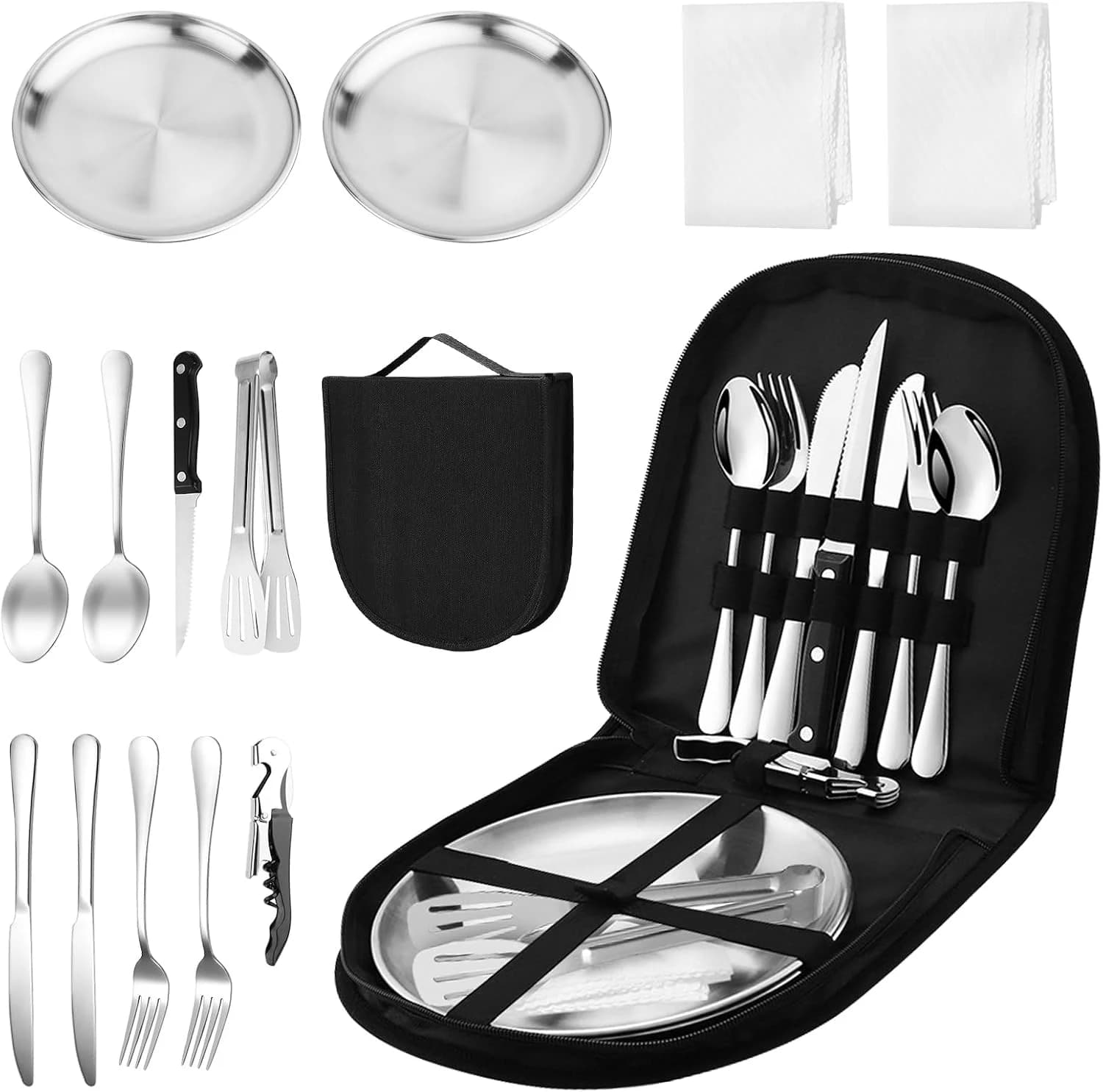 Conjunto de Cubiertos de Camping de 14 Piezas, Acero Inoxidable Juego de Cubiertos de Viaje Portátil, Camping Accesorios Portátiles para Picnic, Viaje, Camping, 2 Personas