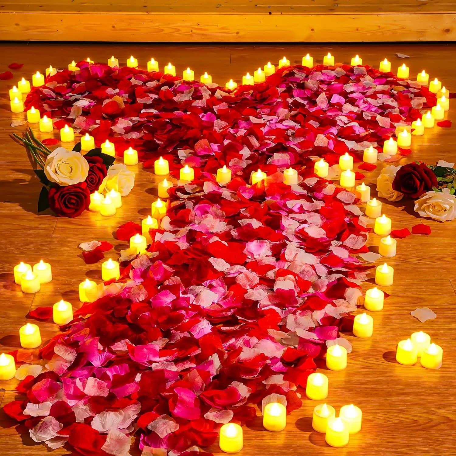 Coume 6000 pétalos de rosa artificiales con 72 velas LED sin llama, decoraciones románticas, velas falsas, decoraciones de feliz aniversario para noche de boda (blanco cálido con pétalos de la serie