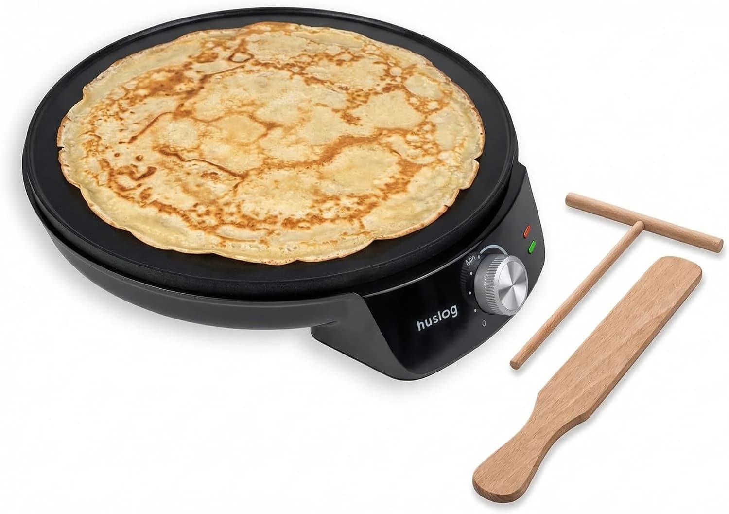 Crepera Eléctrica 1200W Ø29 cm con Esparcidor de Masa y Volteador de Crepes, Revestimiento Antiadherente, Borde Elevado, Temperatura Regulable y Termostato