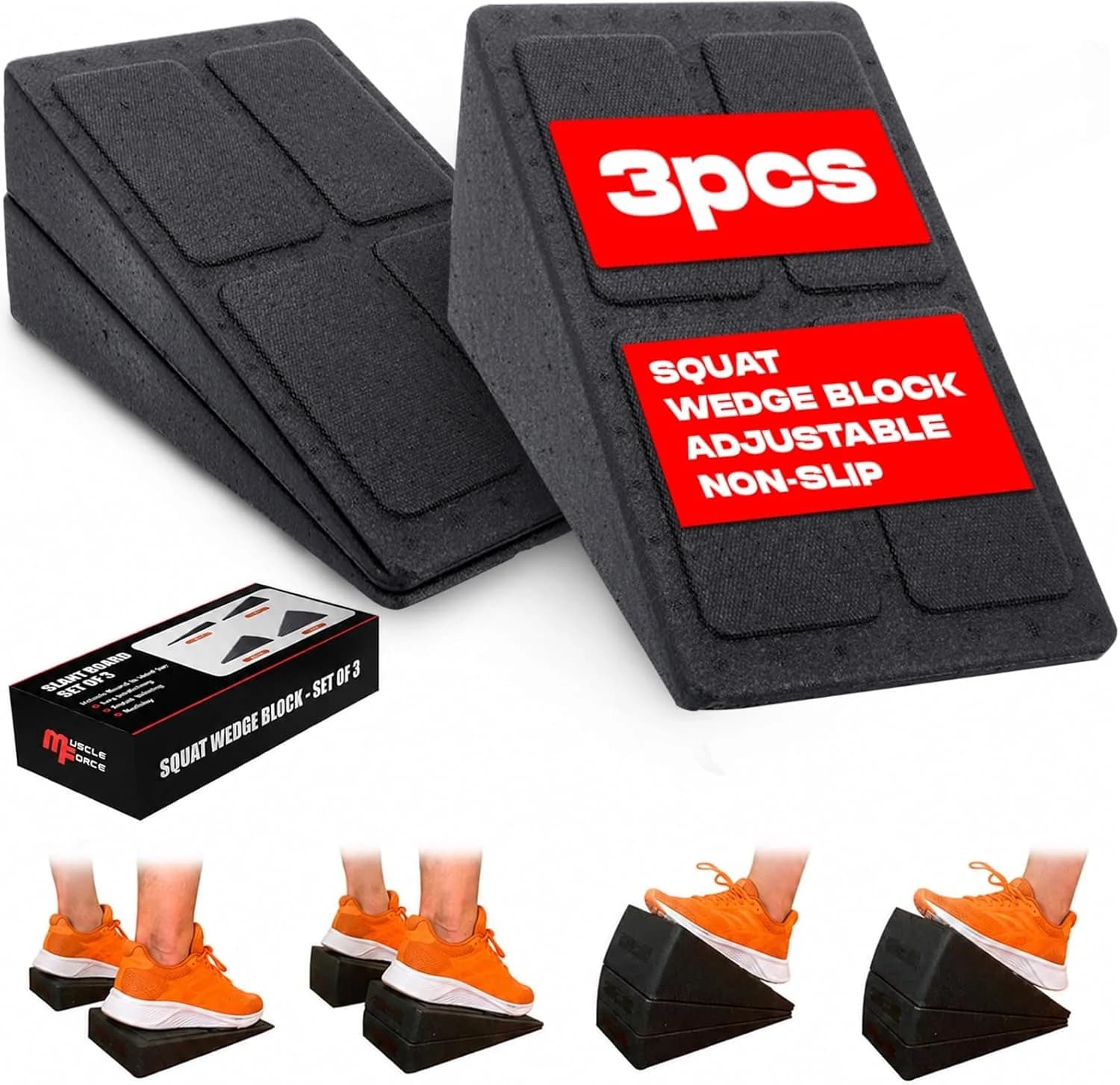 Cuña Sentadillas – Tabla Inclinada 3 Piezas Para Estiramiento Pantorrillas y Gemelos, Slant Board, Soporta 200kg, Antideslizante, Compacto Para Fisioterapia y Entreno Hogar