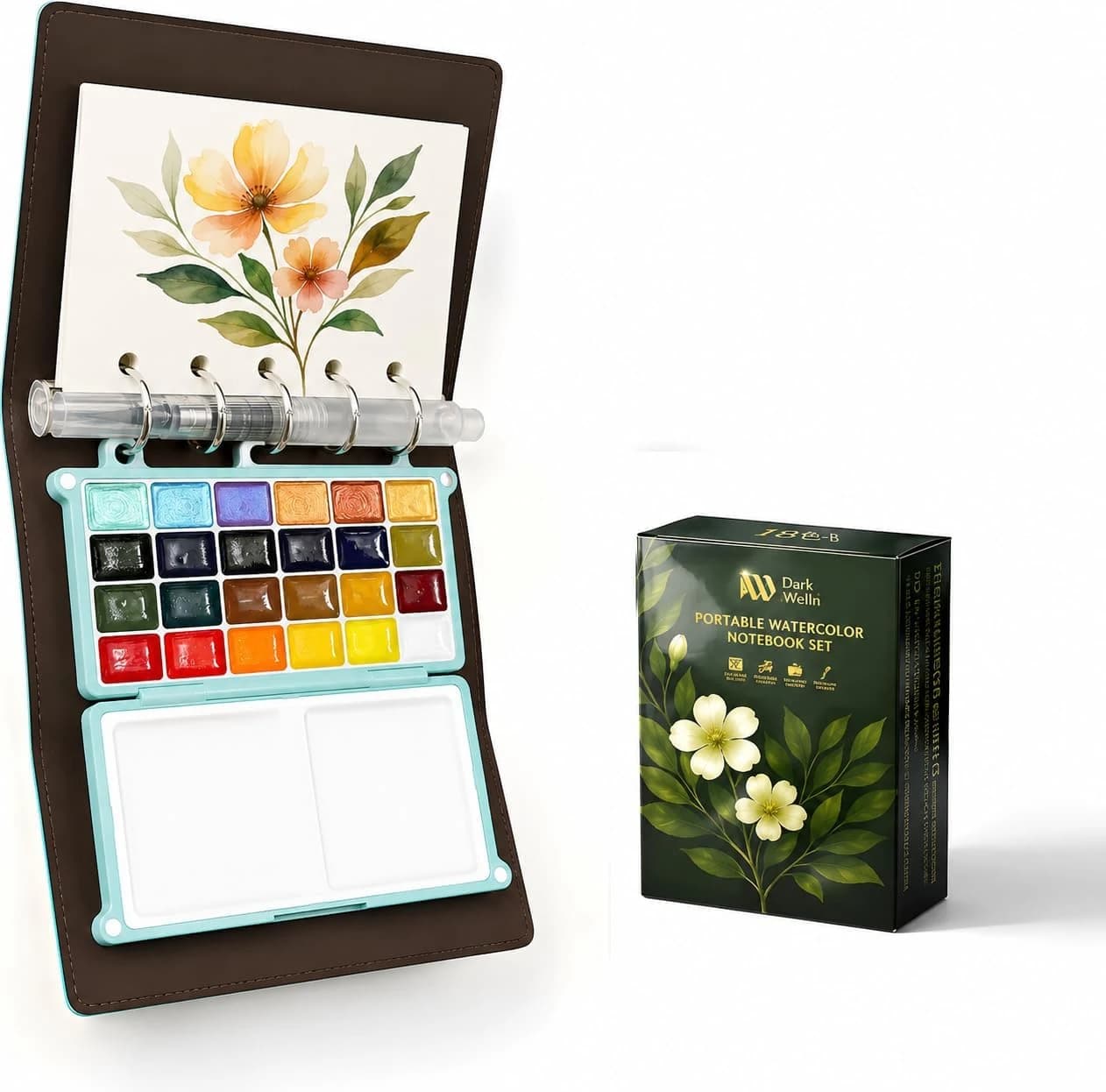 DarkWish Set de Acuarelas de Viaje (Tamaño Pasaporte) - 24 Colores (6 Metálicos), Kit Urban Sketching Pro con Papel 300g (Negro/Blanco), Cuaderno Cuero PU Recargable + Pincel de Agua