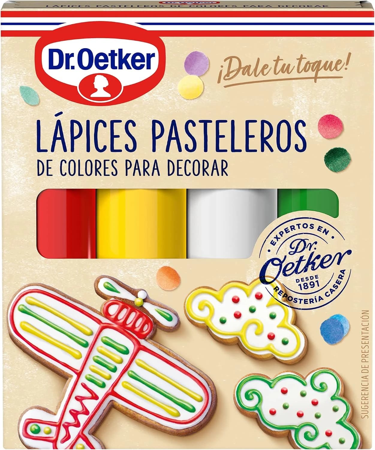 DR. OETKER - 4 Lápices Pasteleros de Colores, para Repostería, Color Amarillo, Rojo, Verde y Blanco, Decorar Tartas, Galletas y Cupcakes, Fácil Aplicación