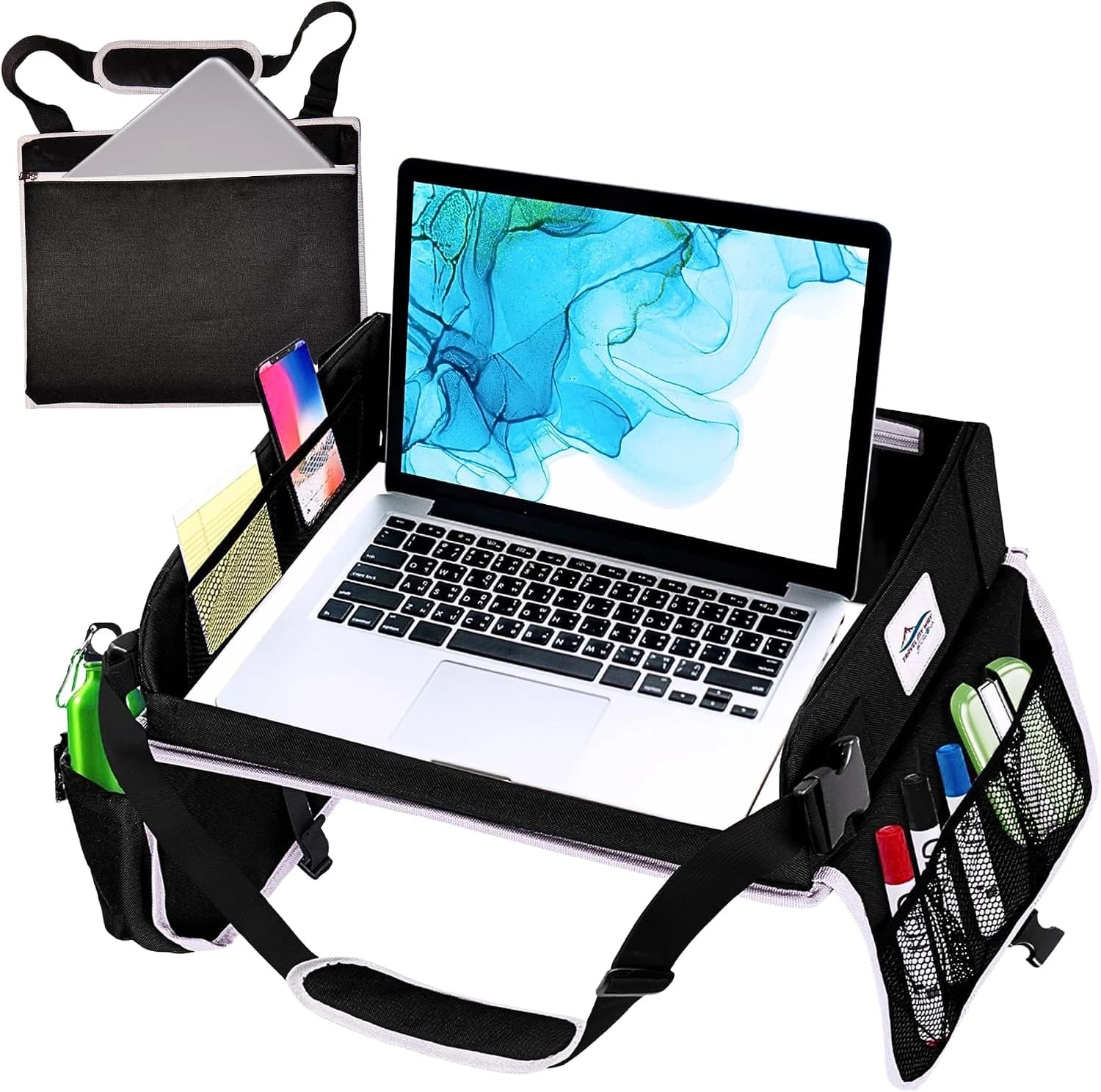 Escritorio de Viaje para Regazo, Bandeja de Viaje, Escritorio portátil para Coche, Trabajo Remoto, Viajes, Escuela, Almohadilla para Laptop con Bolsa de Almacenamiento, Correa de Transporte