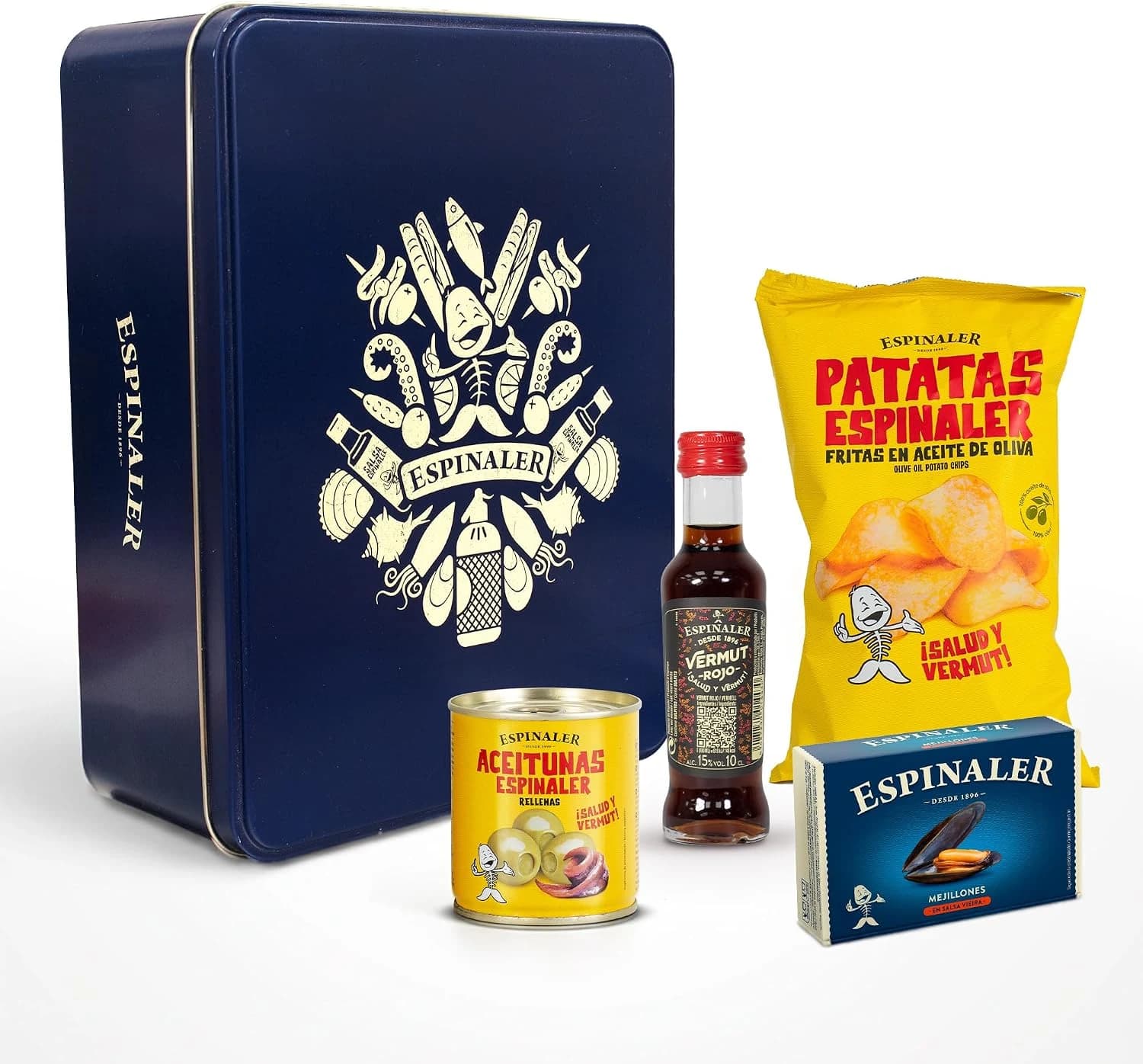 Espinaler Cesta Gourmet Aperitivo - Pack Regalo con Vermut Rojo 10 cl, Patatas Fritas, Aceitunas Rellenas de Anchoa y Mejillones en Escabeche en Caja Vintage - Caja Regalo Vintage.
