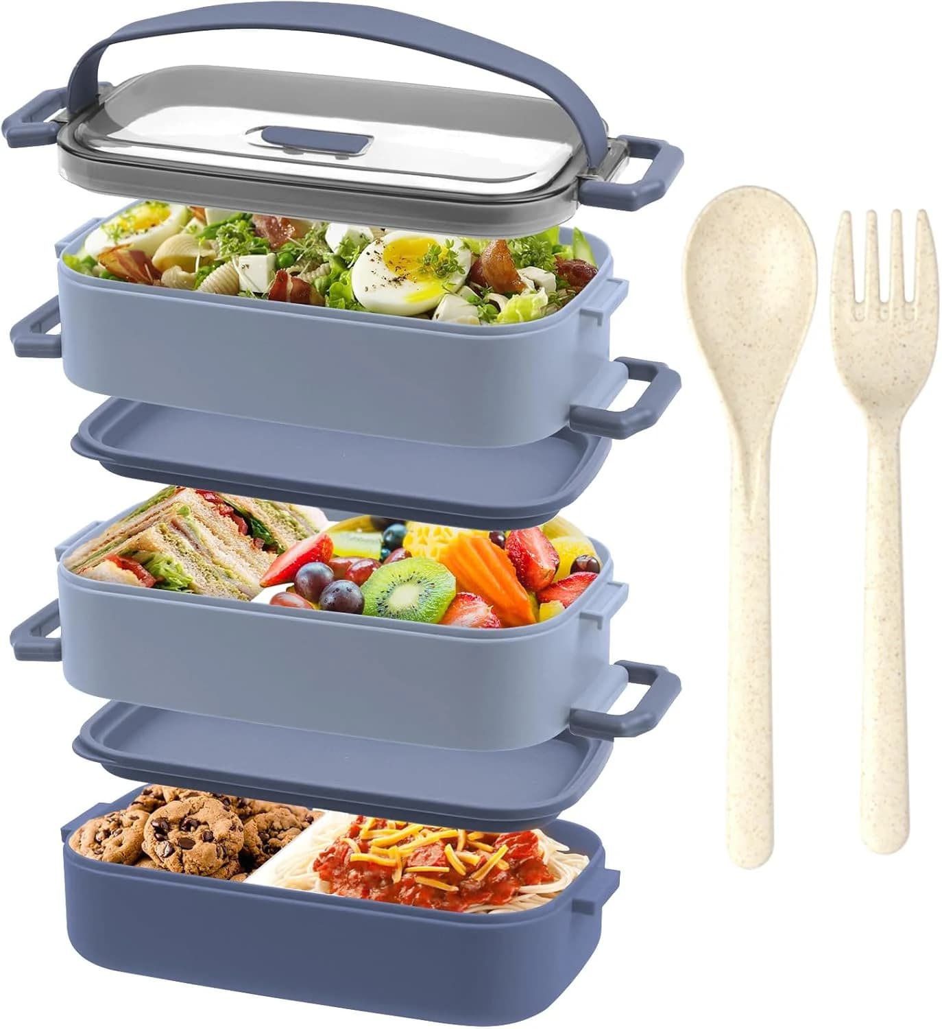 Fiambrera 3 Capas - Bento Box 2200ml - Lunch Box con 3 piezas Compartimentos Ajustable - Lonchera con Cubiertos - Fiambrera Hermetica, Sin BPA, Apto para microondas, A prueba de fugas, Azul