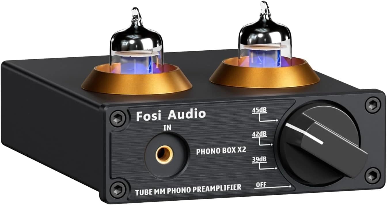 Fosi Audio Box X2 Preamplificador de Fono para Tocadiscos MM, Preamplificador con Engranaje de Ganancia, Tubo Estéreo, Mini Preamplificador de Vacío Hi-Fi con Fuente de Alimentación de 12V CC