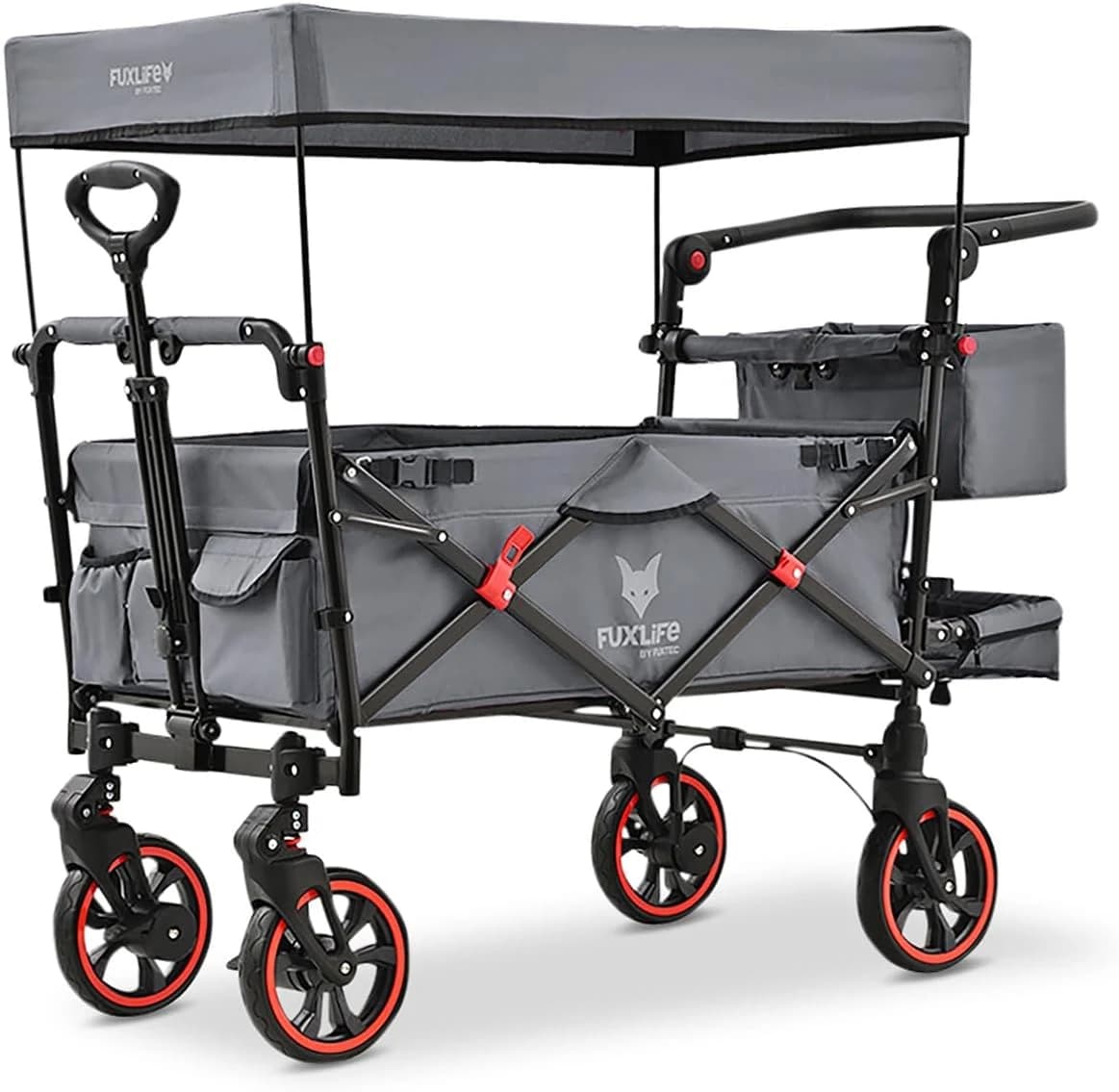 FUXLIFE Carro Plegable FX-CT850 Gris • Bollerwagen para niños con cinturones de 5 puntos • Carro familiar plegable con toldo parasol • Capacidad de carga 75 kg • Ideal para playa y excursiones