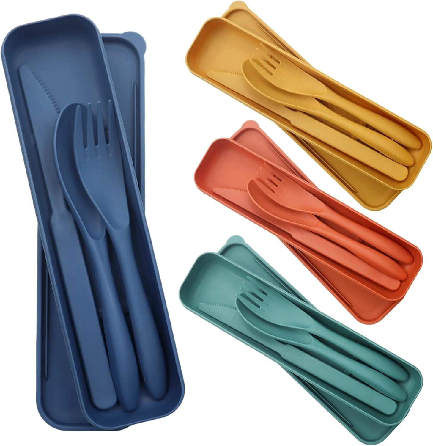 GETRICH 4 Piezas Cubiertos de Viaje con Estuche, Reutilizables Cubiertos Camping, Cubierto de Plástico Portátil para Lonchera Escolar Picnic Viajes Camping o Uso Diario(Azul, Verde, Naranja, Amarillo)