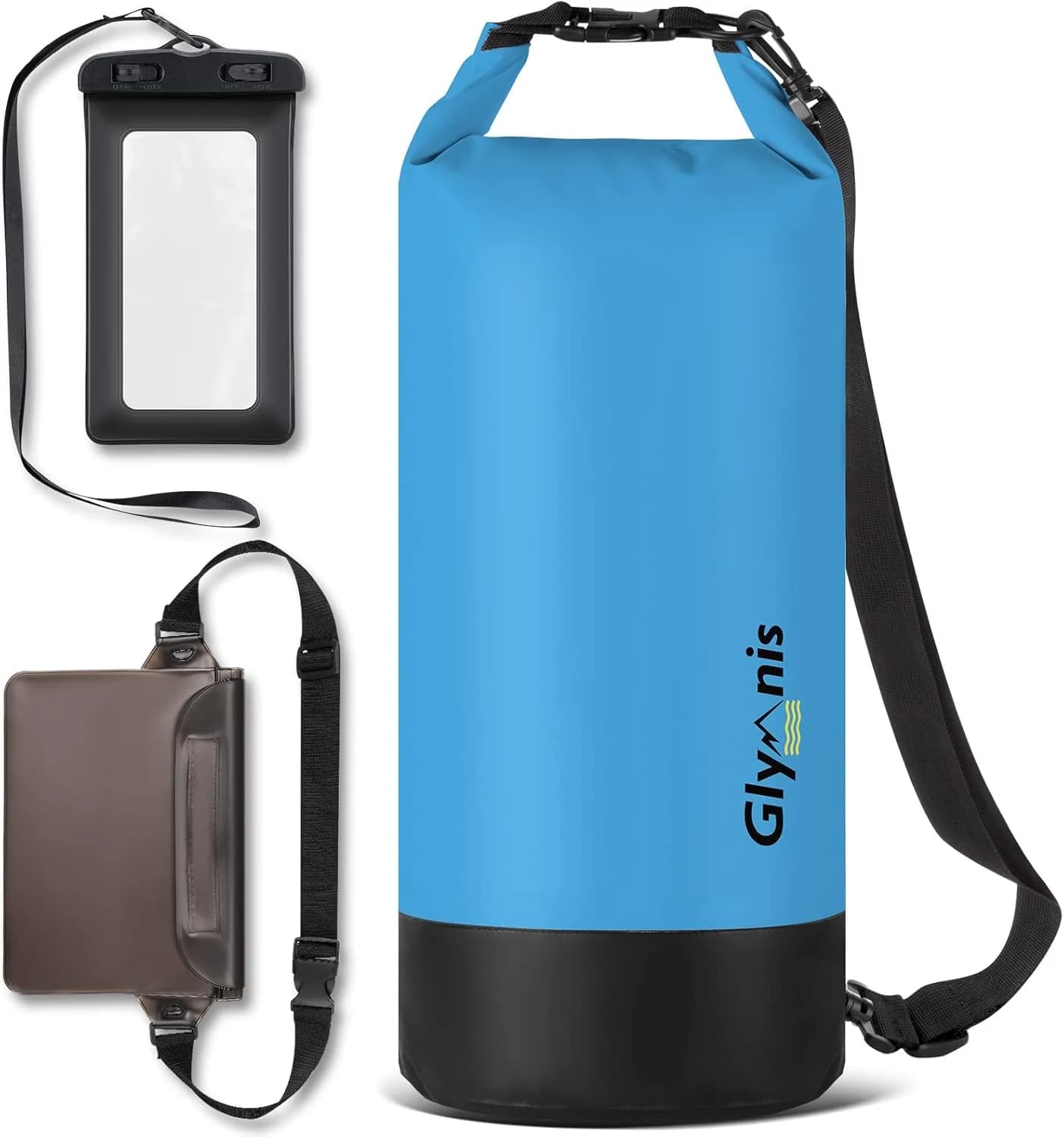 Glymnis Bolsa Estanca Bolsa Impermeable 5 L/10 L/20 L con Bolsa Cintura para Rafting Kayak Playa Senderismo Esquí Pesca Escalada y Camping (Azul, 10 L)