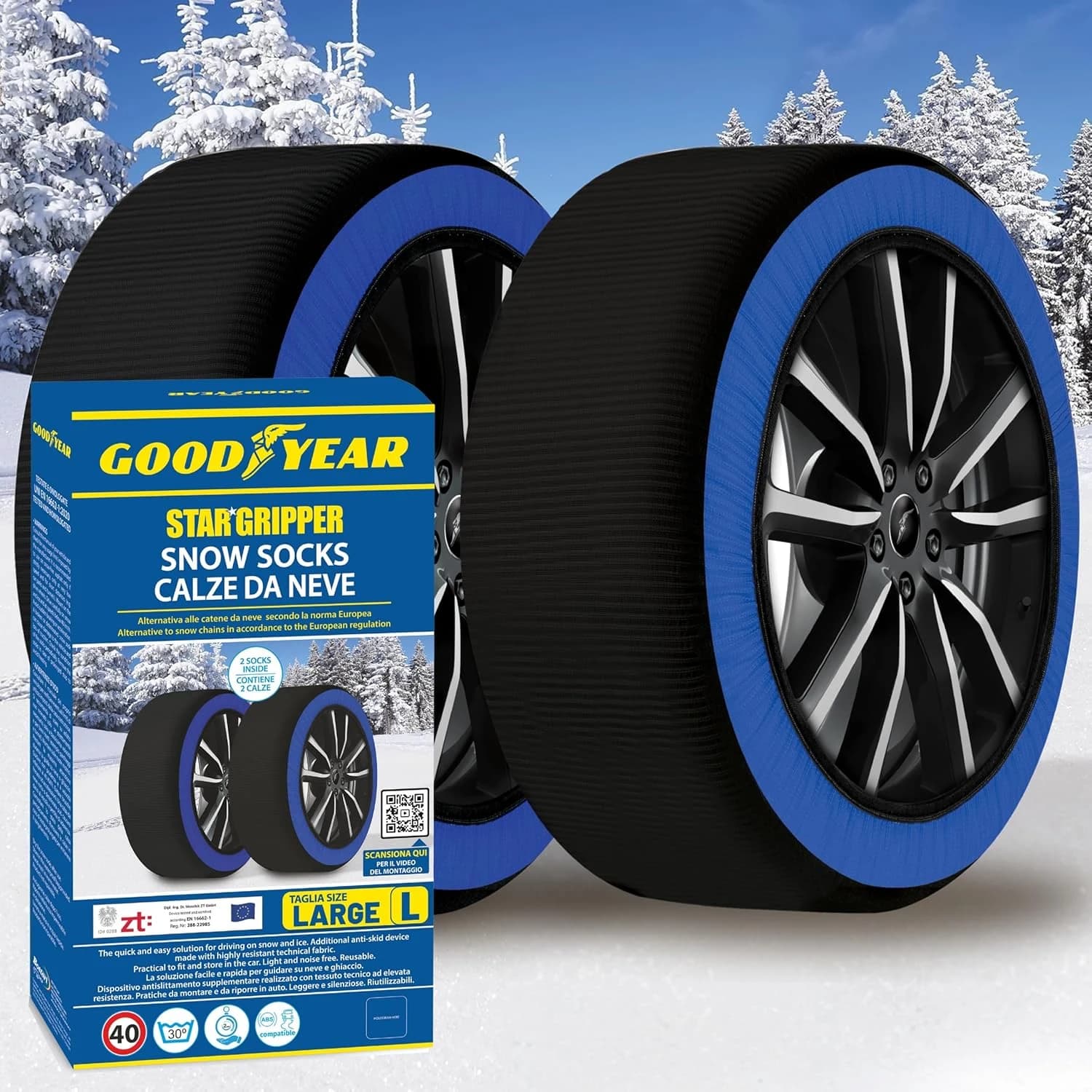 Goodyear Calcetines de nieve GoodYear Star Gripper homologados Italia EN 16662-1:2020 dos cadenas de nieve de tela para coche. Snow Sock Talla L