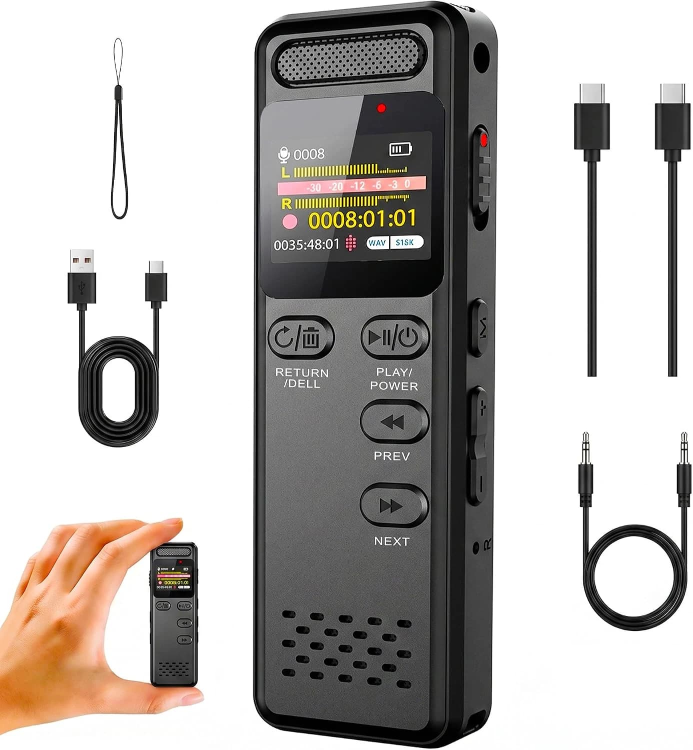Grabadora de Voz Digital de 8 GB, Grabación HD 3072 Kbps, Reducción de Ruido, Dictáfono Mejorado, Reproductor MP3 Compacto con Bloqueo de Teclado para Reuniones, Entrevistas y Clases.