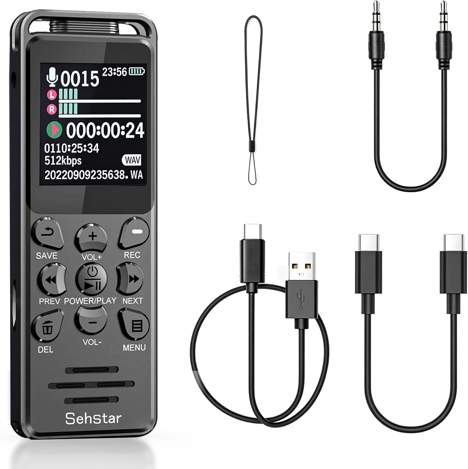 Grabadora de Voz Digital 8 GB con Reducción de Ruido 1536 Kbps, Dictáfono Portátil MP3, 68 h de Autonomía, Bucle A-B, Bloqueo por Contraseña, USB-C para Reuniones, Clases, Entrevistas