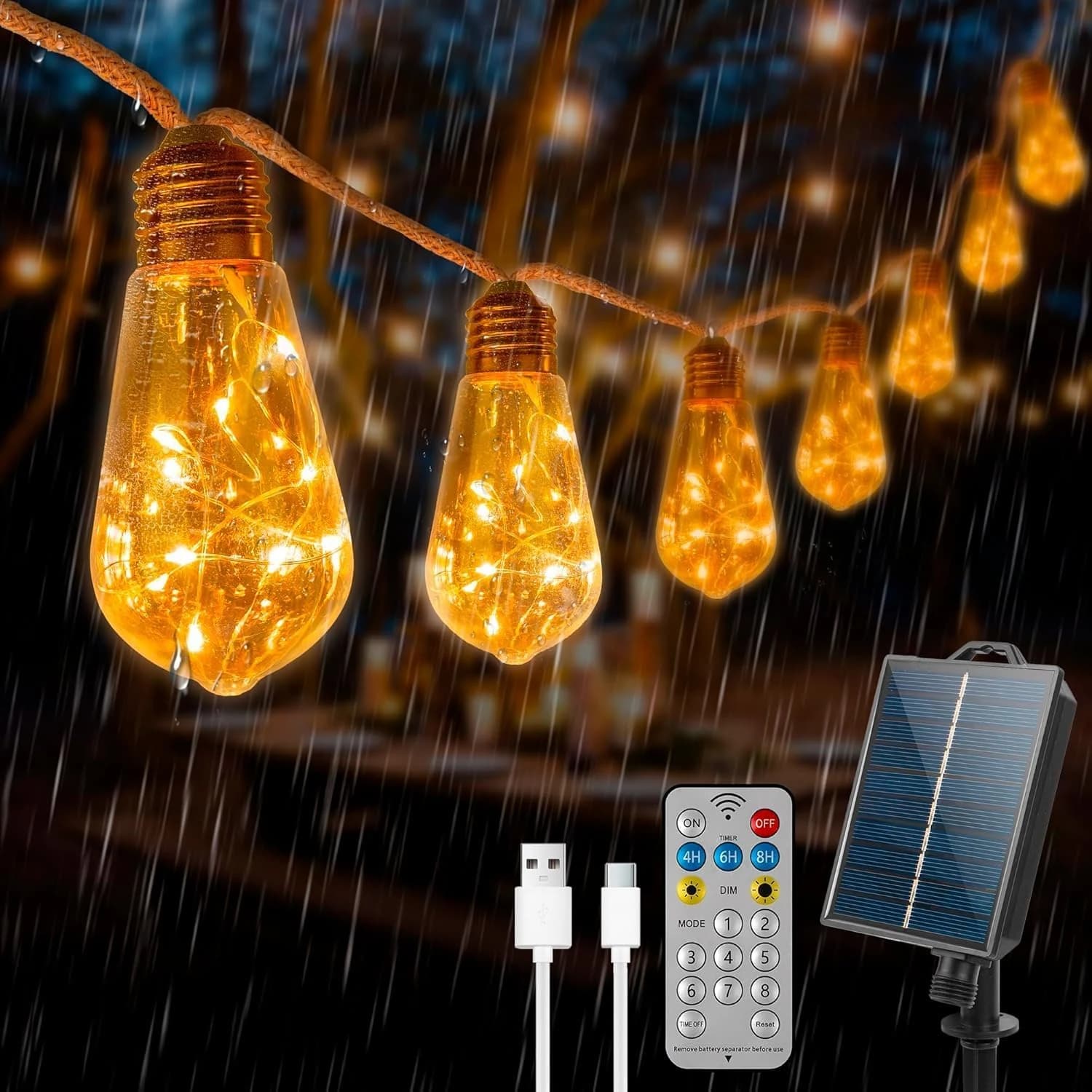 Guirnalda luminosa exterior, guirnalda solar con 16 bombillas, cuerda de cáñamo 6,4 m, 8 modos IP65, impermeable, mando a distancia y carga USB, para jardines, patios, bistros, pabellón