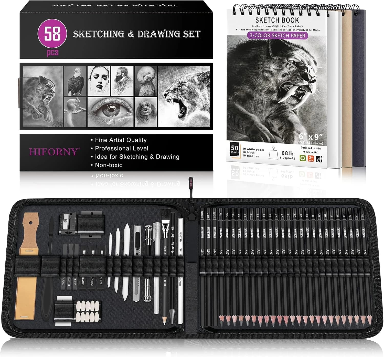 HIFORNY Juego de 58 Lápices de Dibujo y Bocetos, Suministros de Arte Con Cuaderno de 3 Colores, Grafito, Carbón, Herramientas de Mezcla Para Adultos Artistas