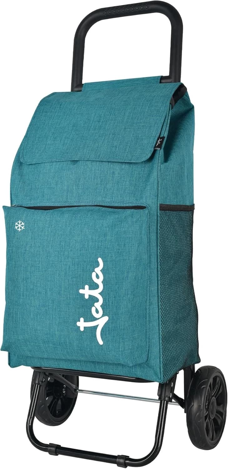 JATA HCAR2523 - Carro de Compra de 2 Ruedas Plegable 40 L con Bolsa Térmica, Carrito de Compra Ligero y Resistente, Chasis de Acero, 30 kg de Carga, Bolsillos Laterales y Trasero, Carro Supermercado