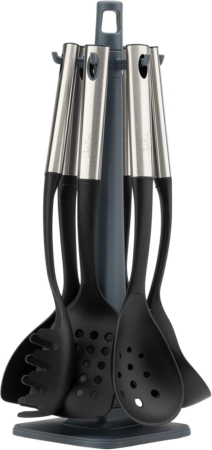 JATA HOGAR HACC4624 - Utensilios de Cocina de Acero Inoxidable y Nylon. Set de Cocina de 6 Utensilios: Cazo, Cucharón, Espumadera, Cucharra Espagueti, Espátula y Pala. Resistentes al Calor