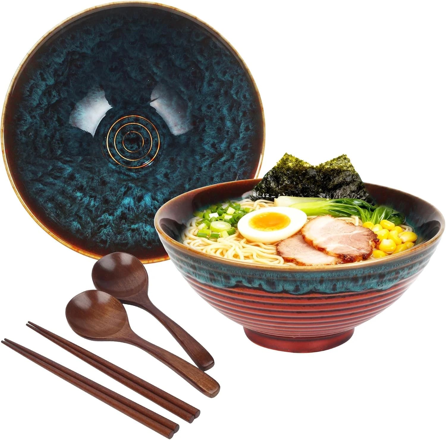 JIYANA 2 x 1200ml Bol Ramen Set de Cerámica con Palillos Japoneses y Cucharas, Cuenco Ramen de 20cm, Ramen Bowl Grande para Fideos Ramen y Noodles, Cuencos para Sopa y Ensalada
