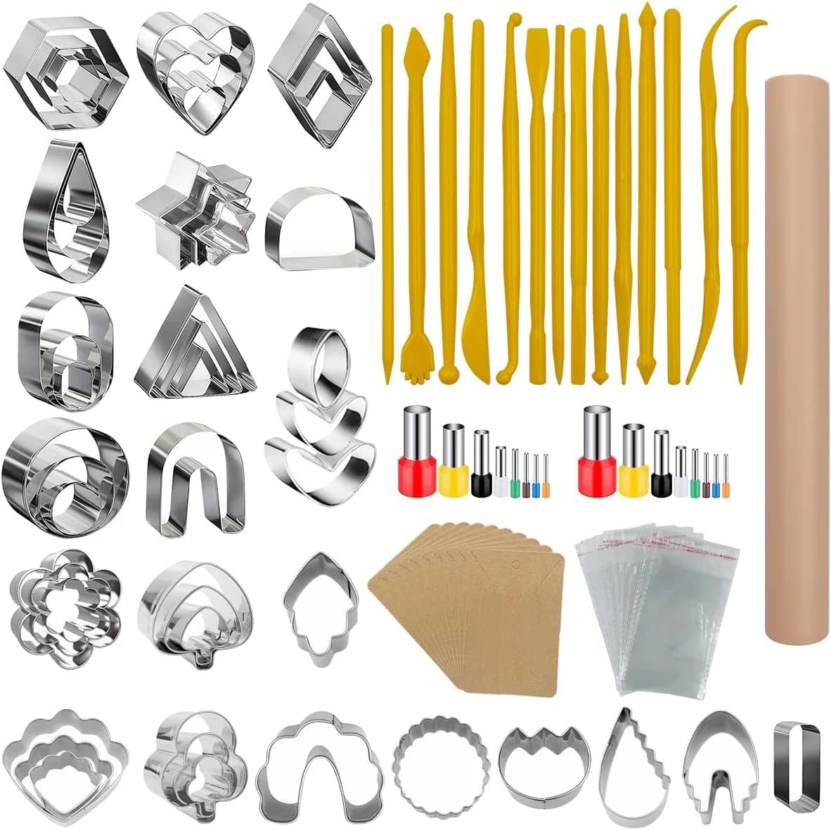 Juego de 100 cortadores de arcilla polimérica, 49 formas, cortadores de aretes de arcilla con 51 accesorios para aretes de arcilla polimérica, joyería color rosa