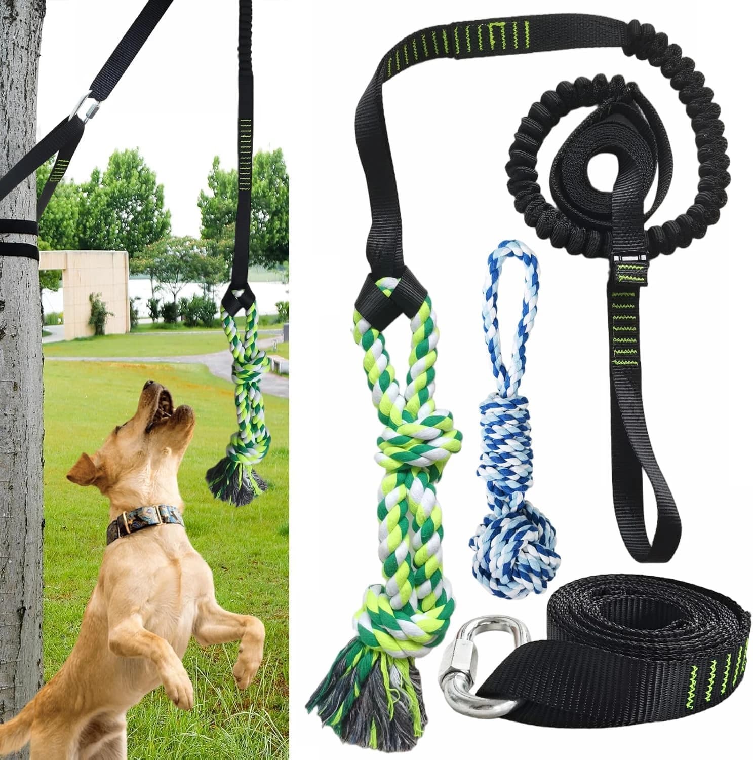 Juguete elástico para colgar al aire libre, juguete interactivo para perros pequeños a grandes, masticadores agresivos, cuerda de tracción de árbol con 2 juguetes de cuerda para perros