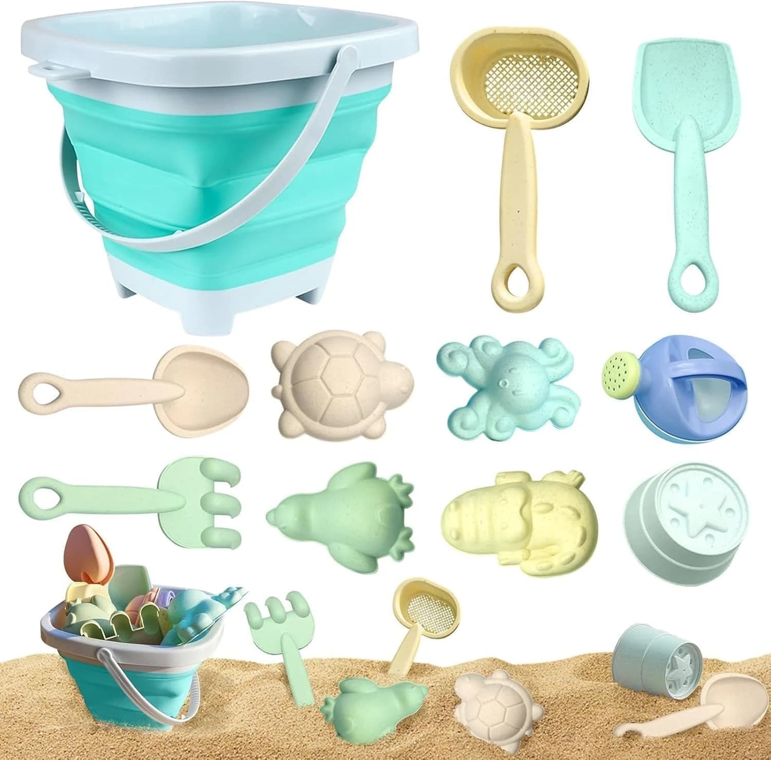 Juguetes Playa Bebe, 11 Piezas Juguetes de Arena de Playa con Cubo Plegable, Juego Cubo y Palas Playa para Niño Niña 1-4 Años