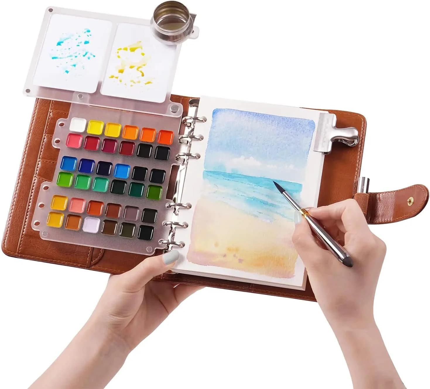 Kit Acuarelas de Viaje - Set Profesionales de 36 Colores con Pincel de Viaje Acuarela, Papel 100% Algodón y Funda de Cuero PU | Perfecto para Artistas, Aficionados y Amantes de la Pintura