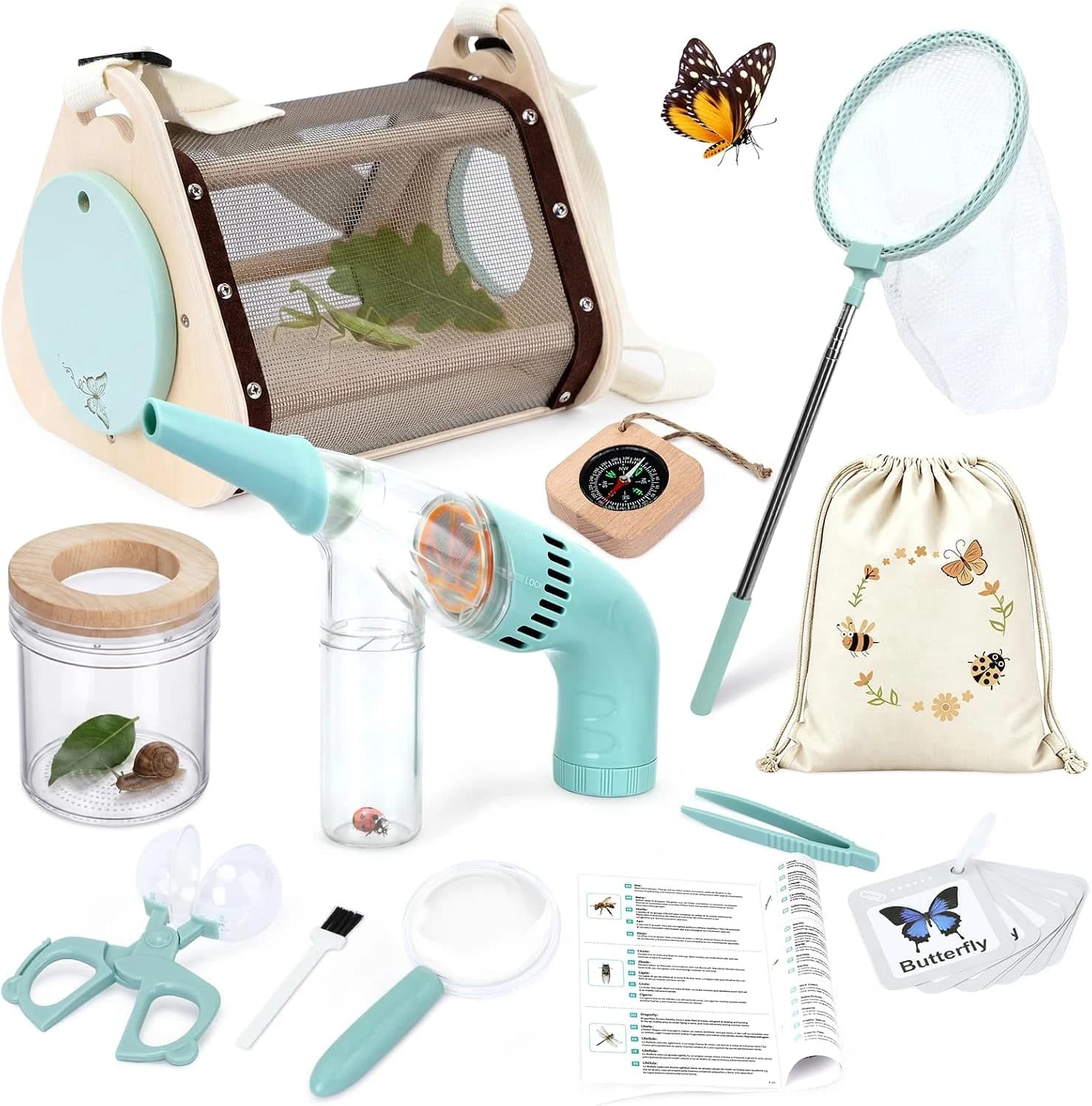 Kit de atrapador de insectos para niños, juego de explorador de 11 piezas para exteriores con aspiradora de insectos, casa de insectos de madera, red de mariposas, edades de 4 a 8 años