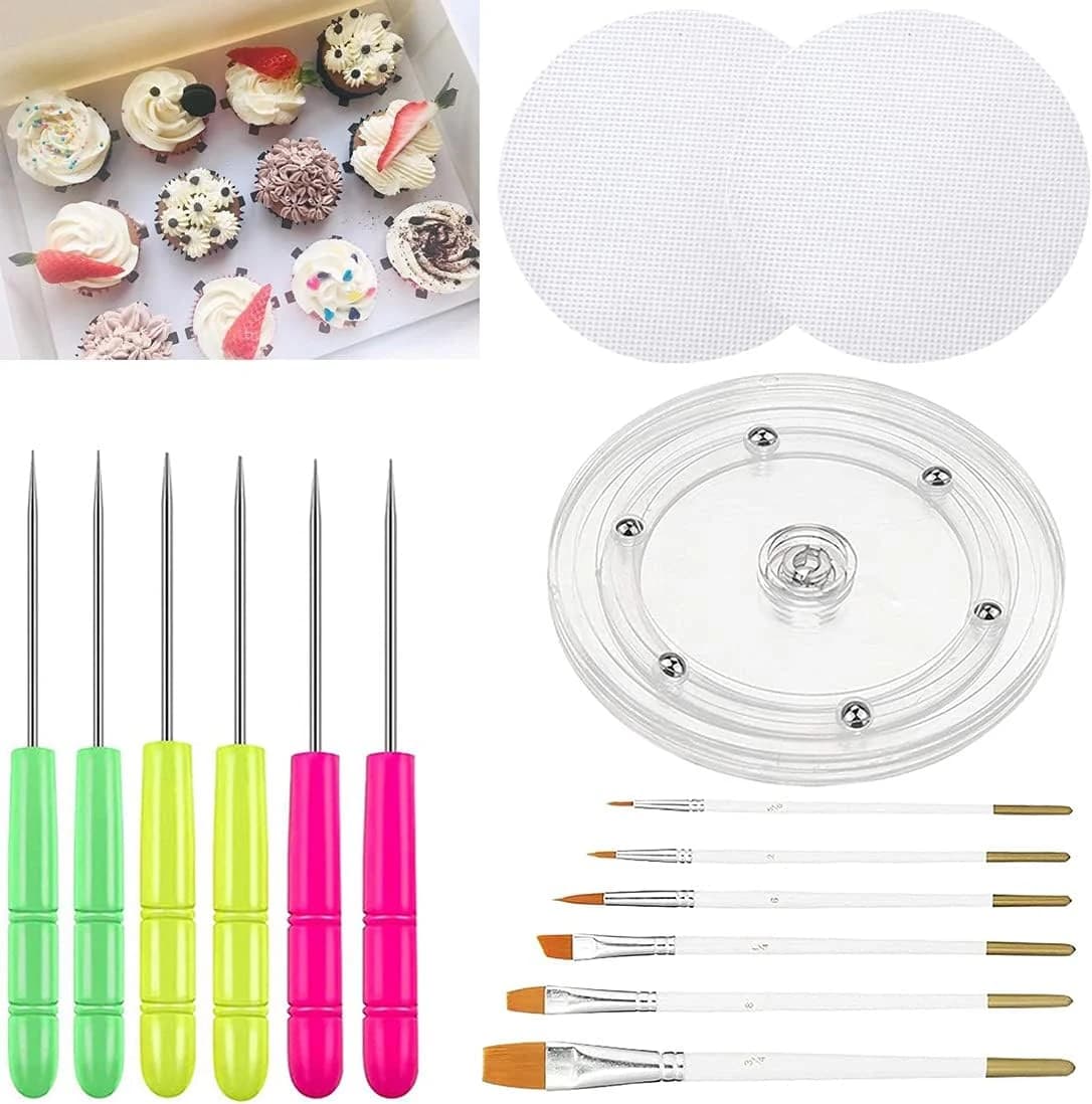 Kit de decoración de galletas con 1 tocadiscos acrílicos, 6 cepillos para fondant, 6 agujas de escribir, herramientas de glaseado real