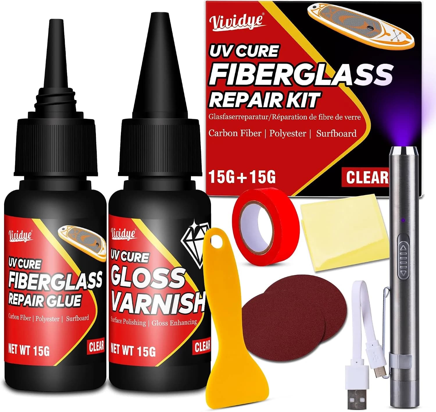 Kit de Reparación de Fibra de Vidrio, Kit de Reparación de Tabla de Surf Transparente con Luz UV, Reparación Rápida de Grietas, Agujeros y Astillas en Tablas de Surf, Tablas de Remo, Barcos
