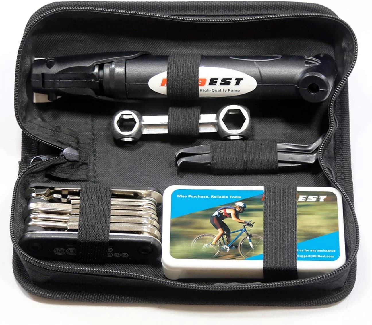 Kitbest Kit de Herramientas de reparación de Bicicletas. Mini Bomba de Bicicleta de 100 PSI, Kit de reparación de pinchazos de neumáticos, Multiherramienta 16 en 1, Kit de Parches de neumáticos sin