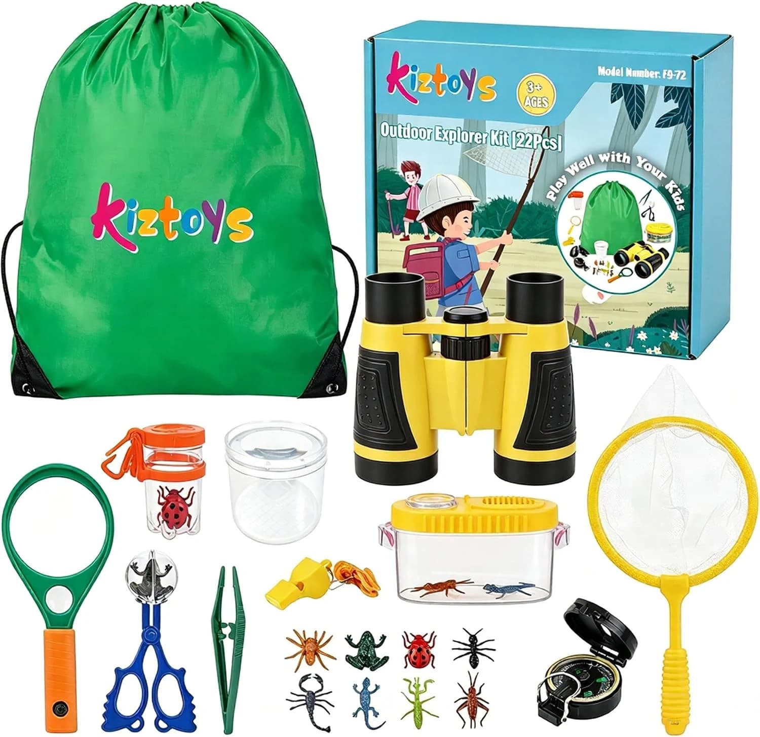 Kizplays Conjunto Explorador al aire libre Juguetes, Prismáticos para niños Conjunto Explorador Aventurero para niños 22 piezas con pinzas Atrapasueinsectos Brújula Lupa