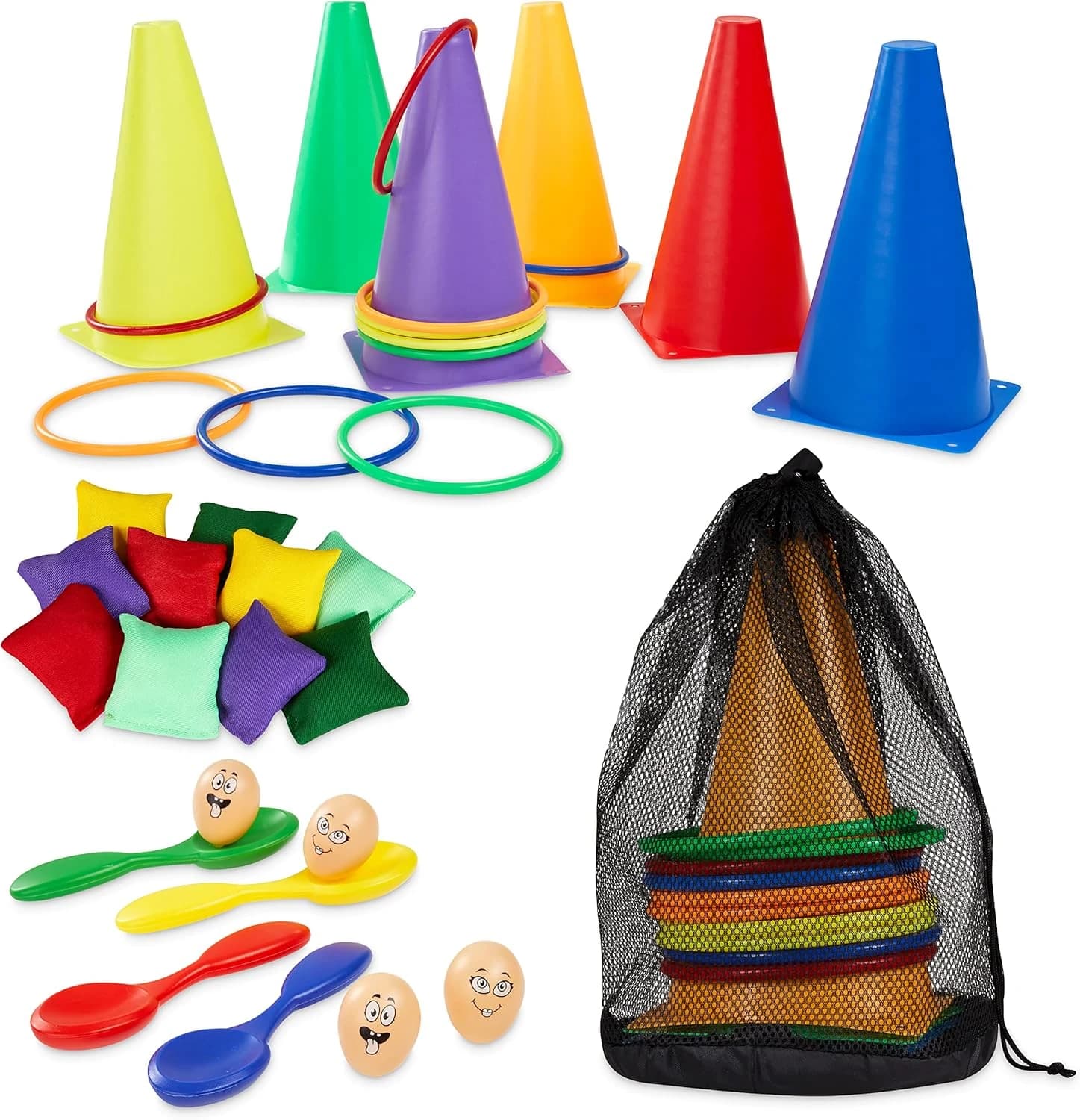 KreativeKraft Juegos Infantiles Juegos Exterior Niños Familia Adultos para Fiesta Cumpleaños Jardin Aire Libre Sacos para Carreras Ring Toss Game (Juego 4 en 1)
