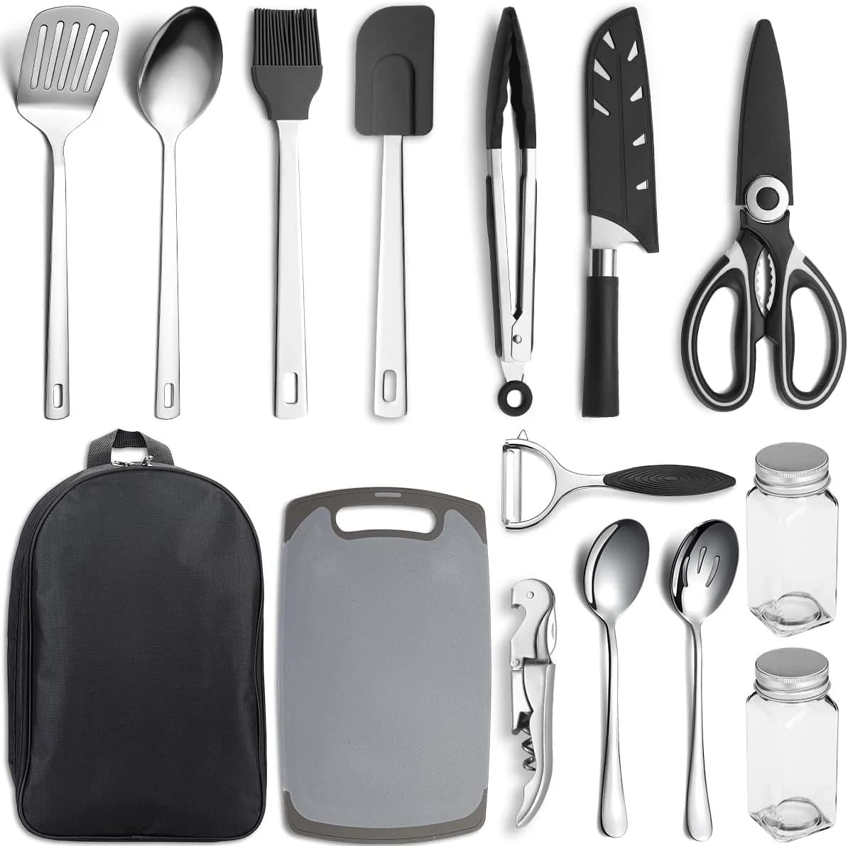 Kyraton Utensilios Cocina Camping Set De 15, Cubiertos Camping, Kit Cocina Camping, Ldeal para Viajes De Mochilero, Barbacoa, Camping Y Senderismo.