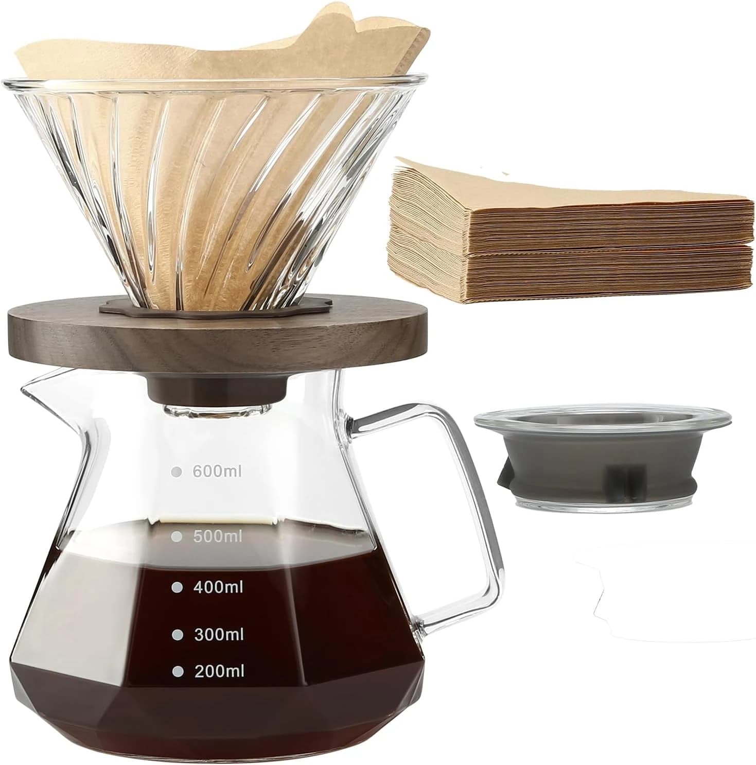 Lalord Cafetera de Goteo de Borosilicato de 20 onzas con Filtro de Papel V02, 100 hojas, Mango de Nogal y Tapa de Cafetera, 600 ml