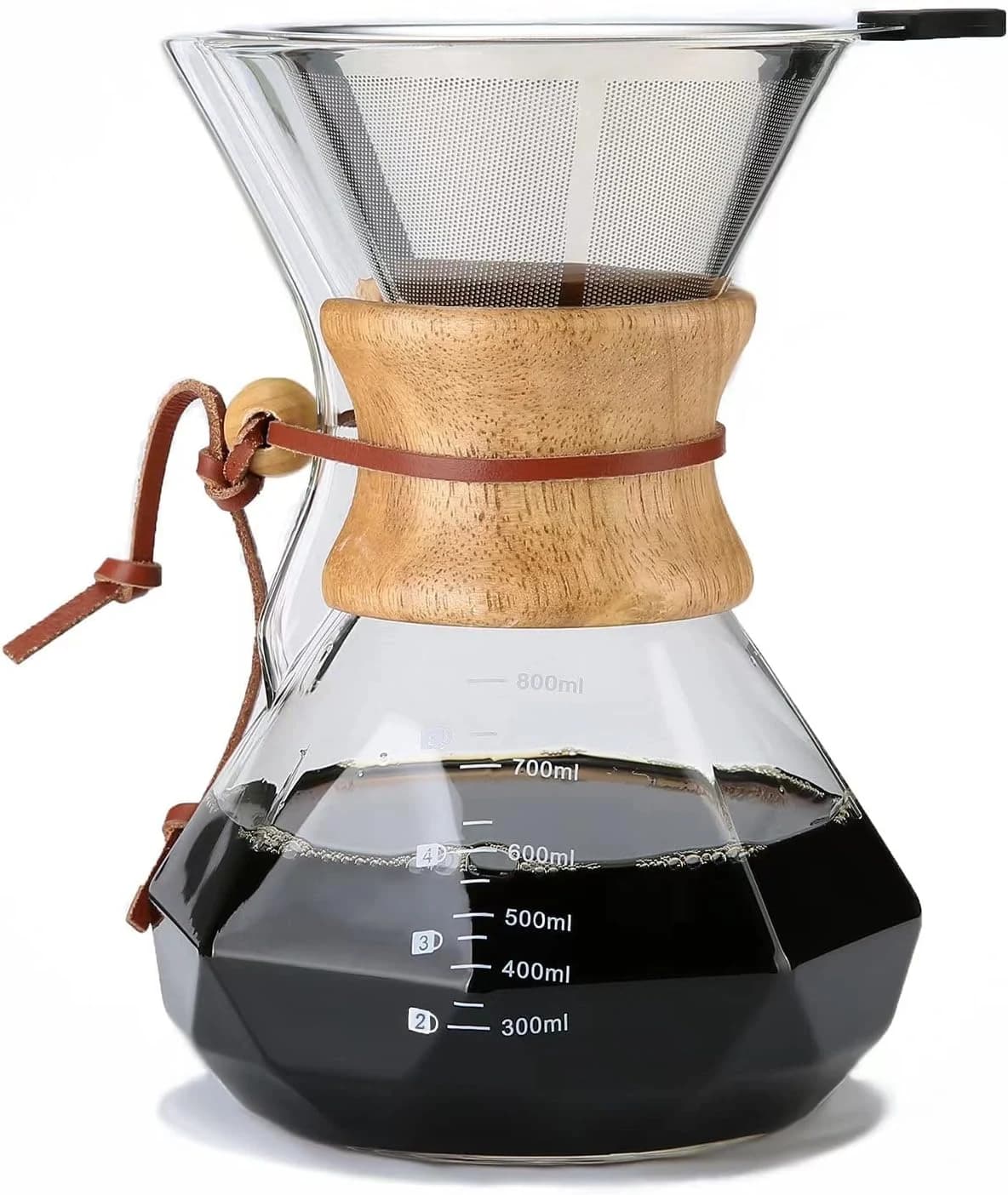 Lalord Cafetera para verter sobre café, cafetera pour over, jarra de vidrio de borosilicato de 27 onzas, filtro de acero inoxidable de doble capa y collar de madera moderno
