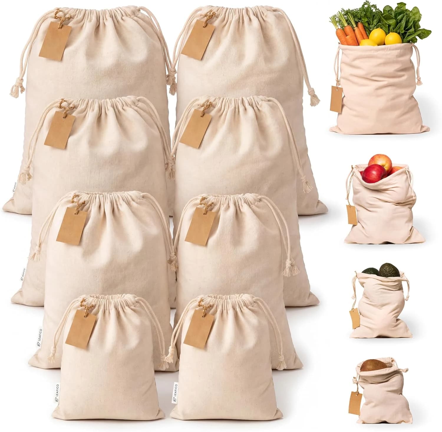 Leafico Set de 8 Bolsas Reutilizables de Algodón – Tamaños Variados (S, M, L, XL) – Bolsas de Tela Multiuso con Cordón para Cocina, Pan, Frutas, Verduras, Almacenaje y Compras Sin Plástico