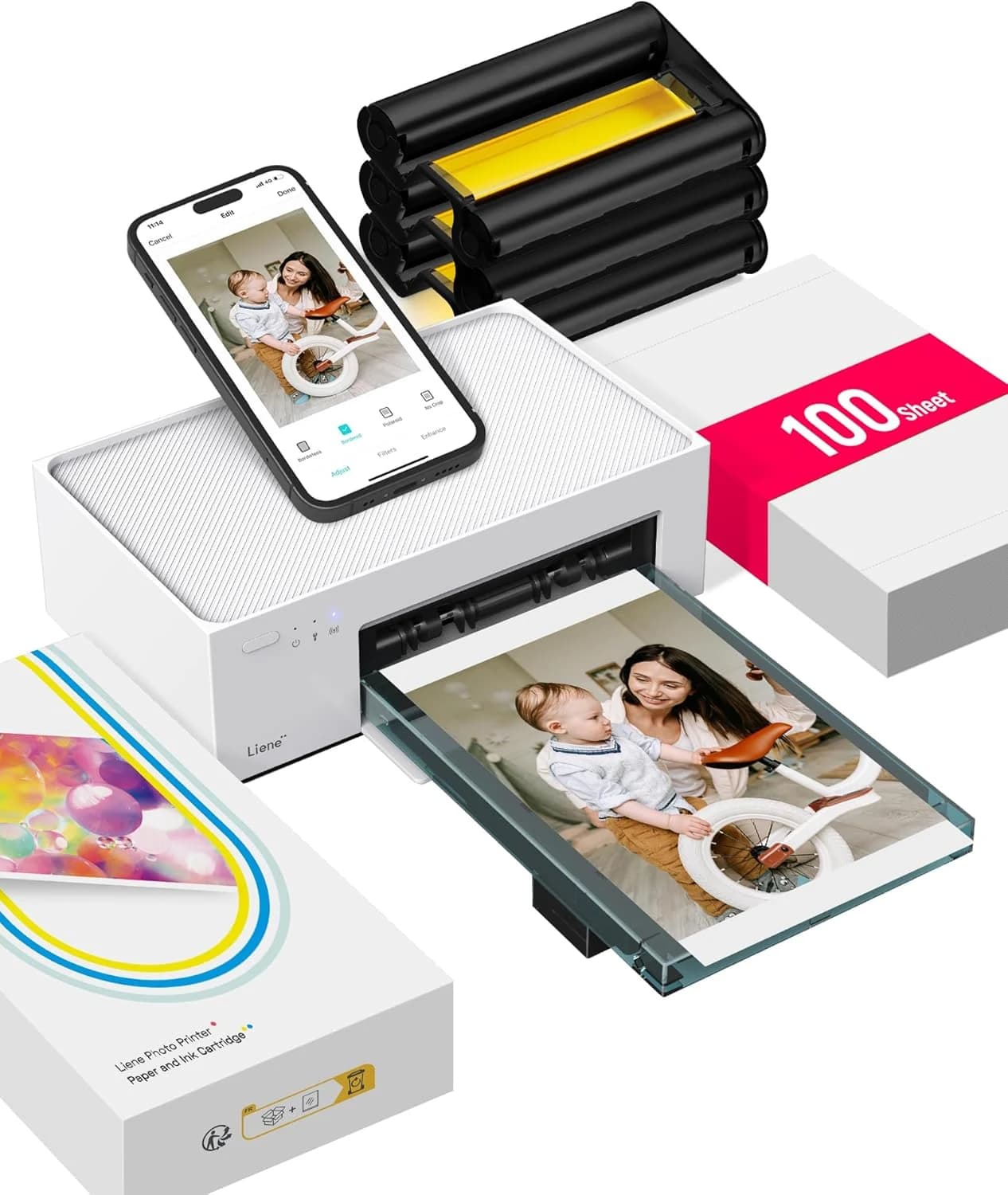 Liene Amber M100 Impresora Fotográfica(10x15cm) + Pack con 100 Hojas, WiFi Impresora de Fotos Instantánea para PC/iPhone/Android, Impresión a Sublimación, 300DPI, Impresora Móvil Doméstica