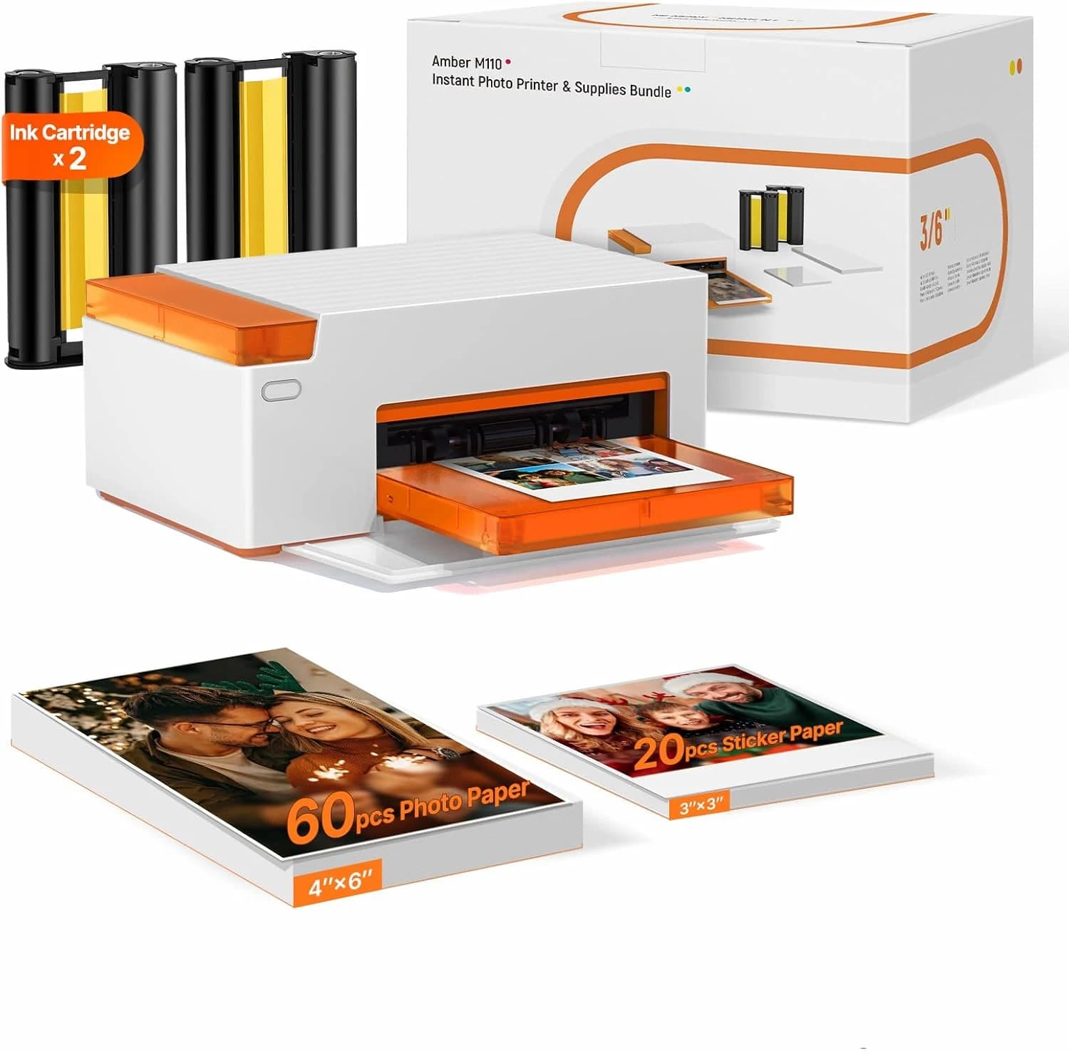 Liene Amber M110 Impresora de Fotos para Móvil Portátil con 60 Hojas 10x15 cm + 20 Adesivos 7.7 cm + 2 Cintas – Tecnología de Sublimación Térmica, Bluetooth, para iPhone y Android