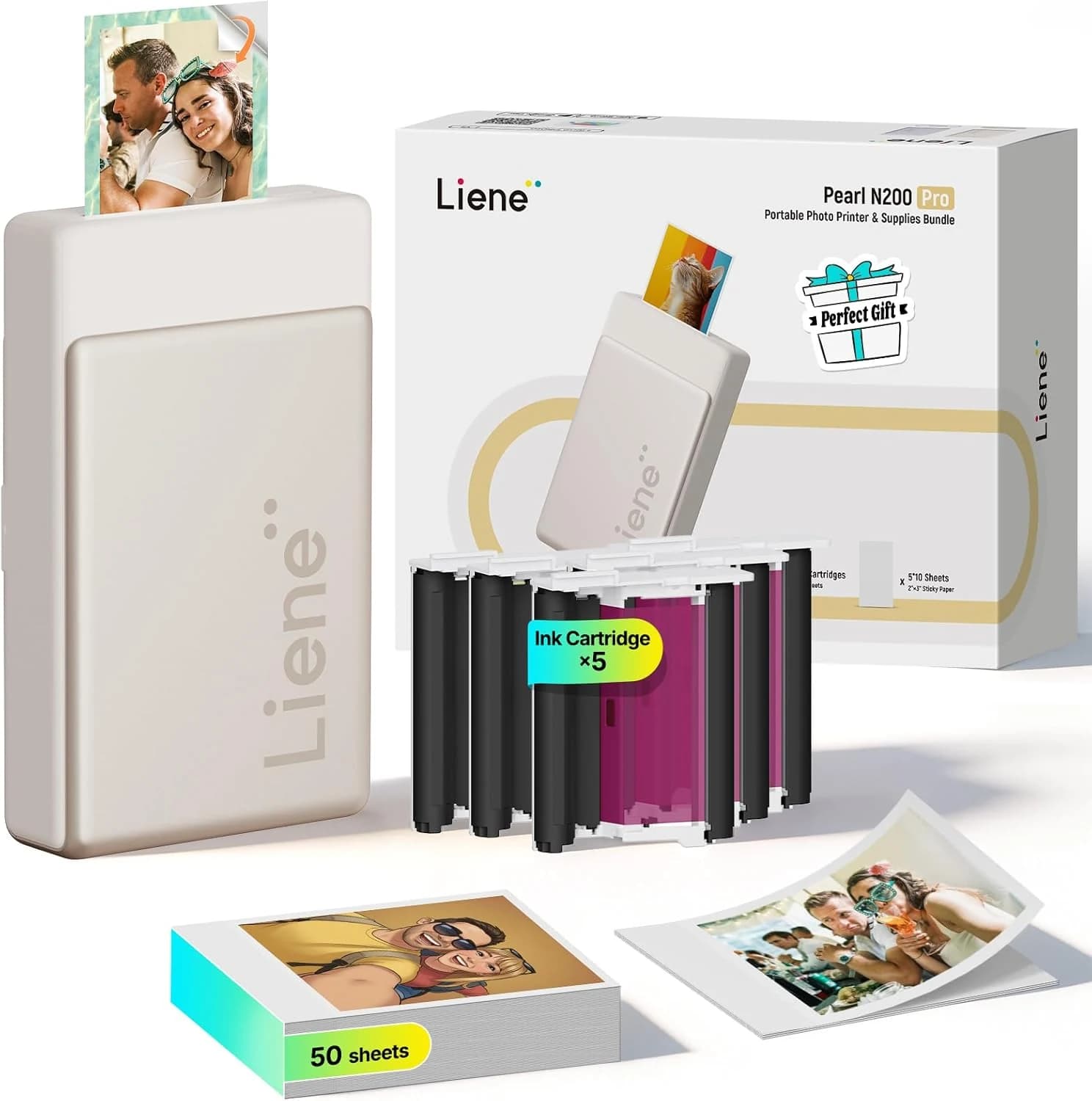 Liene Pearl N200 Pro Impresora de Fotos Portátil Mini, Sublimación Térmica, Incluye 50 Papeles Adhesivos (5x7.6 cm) y 5 Cintas, Bluetooth 300 dpi, para iOS/Android, con Batería, en Dorado.