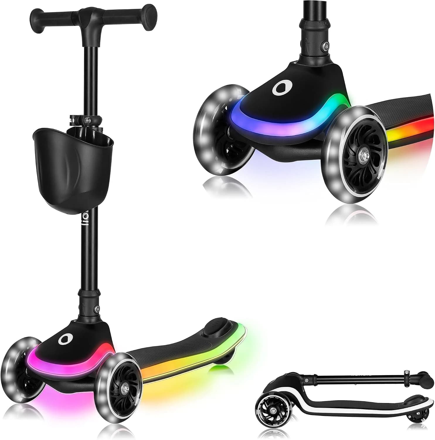 LIONELO MEY Patinete de Equilibrio para Niños Desde 3 años hasta 50 kg, Scooter Infantil Patinete de 3 Ruedas con Ajuste de Altura, Plataforma Antideslizante Iluminada y Ruedas LED, Cesta