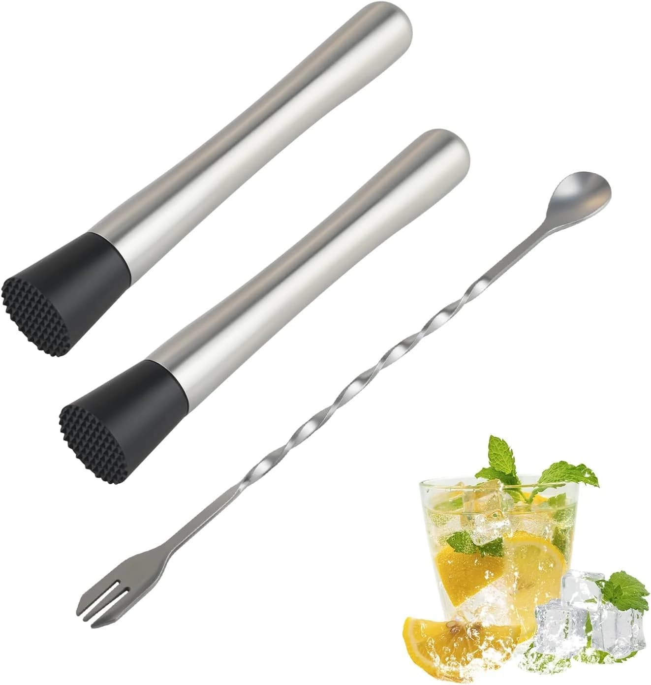 Lote de 2 morteros para cócteles con cuchara de bar, triturador de hielo de acero inoxidable y prensa para mojito – Herramientas de bartending para caipirinha, bebidas y accesorios de bar, accesorios