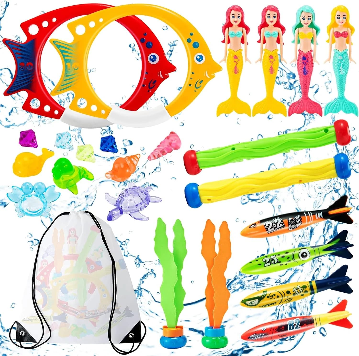 Mactoou Juguetes de Buceo, 24 Piezas Juegos Piscina para Nadar Bajo el Agua Conjunto para Niños, Juguetes Piscina Verano Acuáticos con una Bolsita para Niños