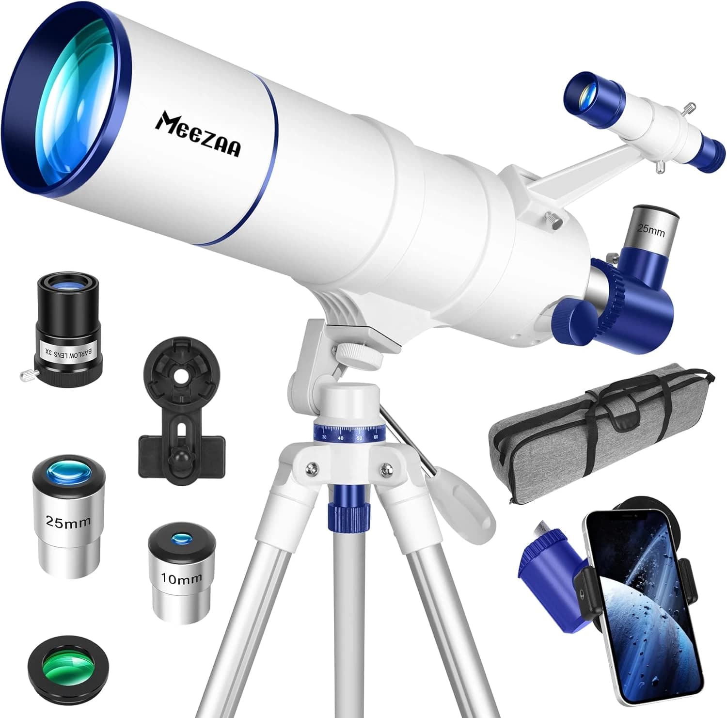 MEEZAA Telescopio, Telescopio Astronómico Adultos Profesional, 90/550mm Telescopios Refractor Portátil para Niños y Principiantes con Trípode, Filtro Lunar, Adaptador de Teléfono y Bolsa de Transporte