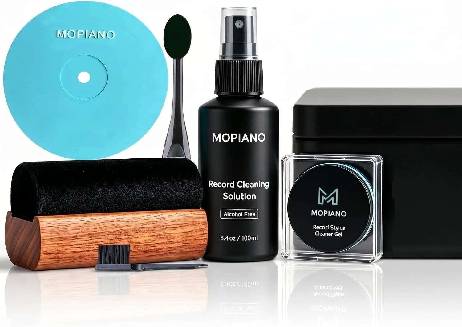 Mopiano Kit de limpieza de discos de vinilo, limpiador de discos de vinilo 7 en 1 para álbumes LP. Incluye: cepillo de terciopelo de madera de sapele, líquido de limpieza, cepillo para lápiz