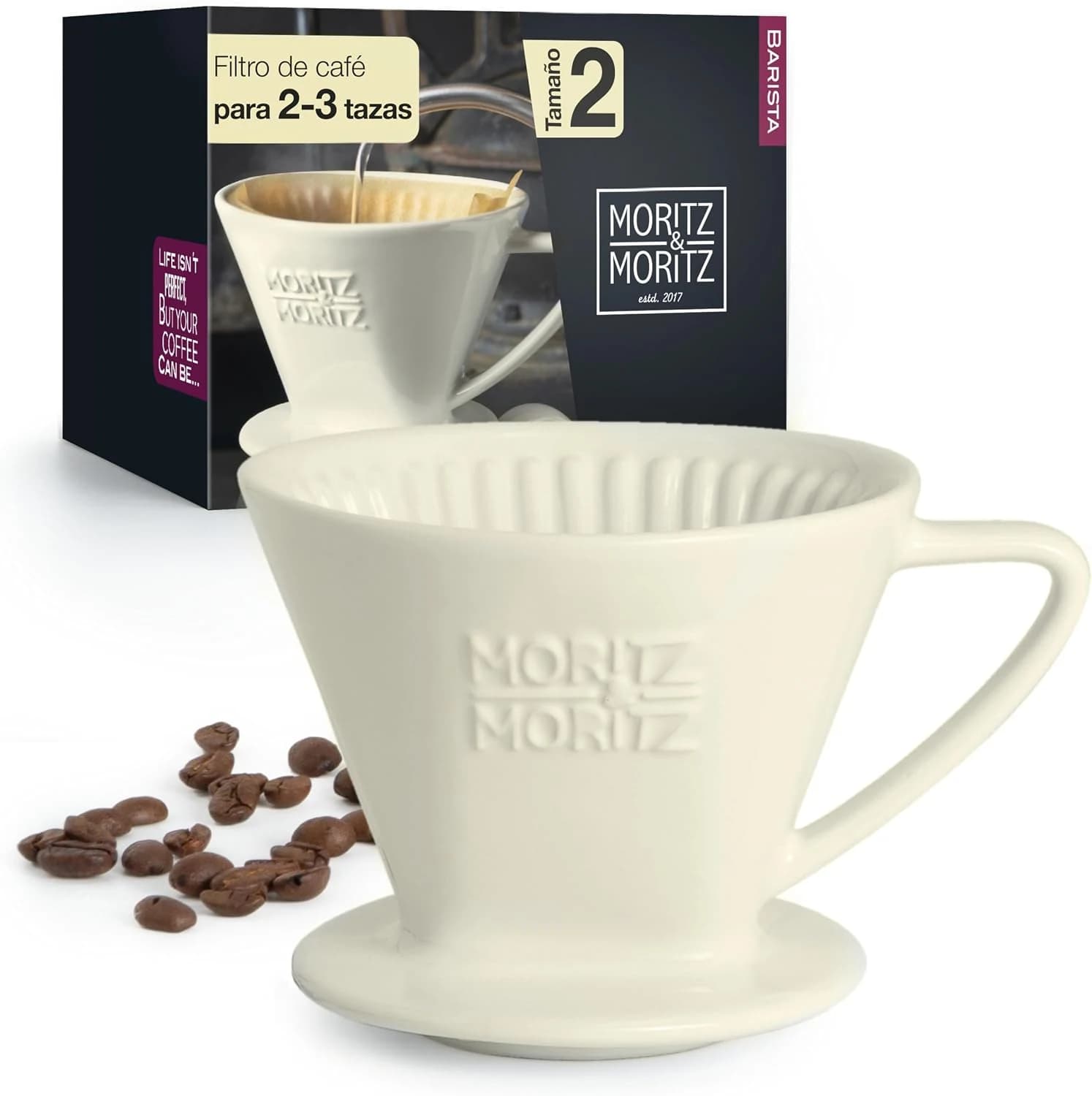 Moritz & Moritz Filtro Cafe de porcelana tamaño 2 - Filtro de Cafe reutilizable para un excelente sabor aromático del café - Accesorio de filtro de café para 2-3 tazas - blanco