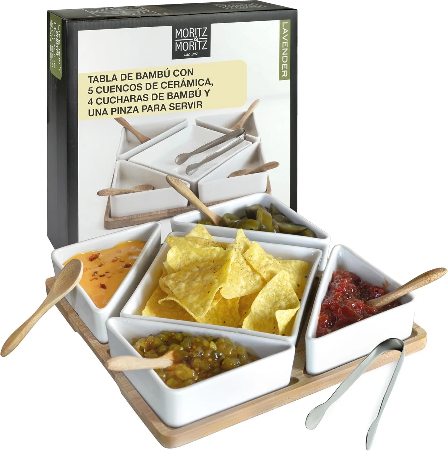 Moritz & Moritz Juego de 11 Piezas para Servir Lavender - Para Tapas Snacks Entrantes - Cuencos de Ceramica Bandeja Cuchara de Bambu