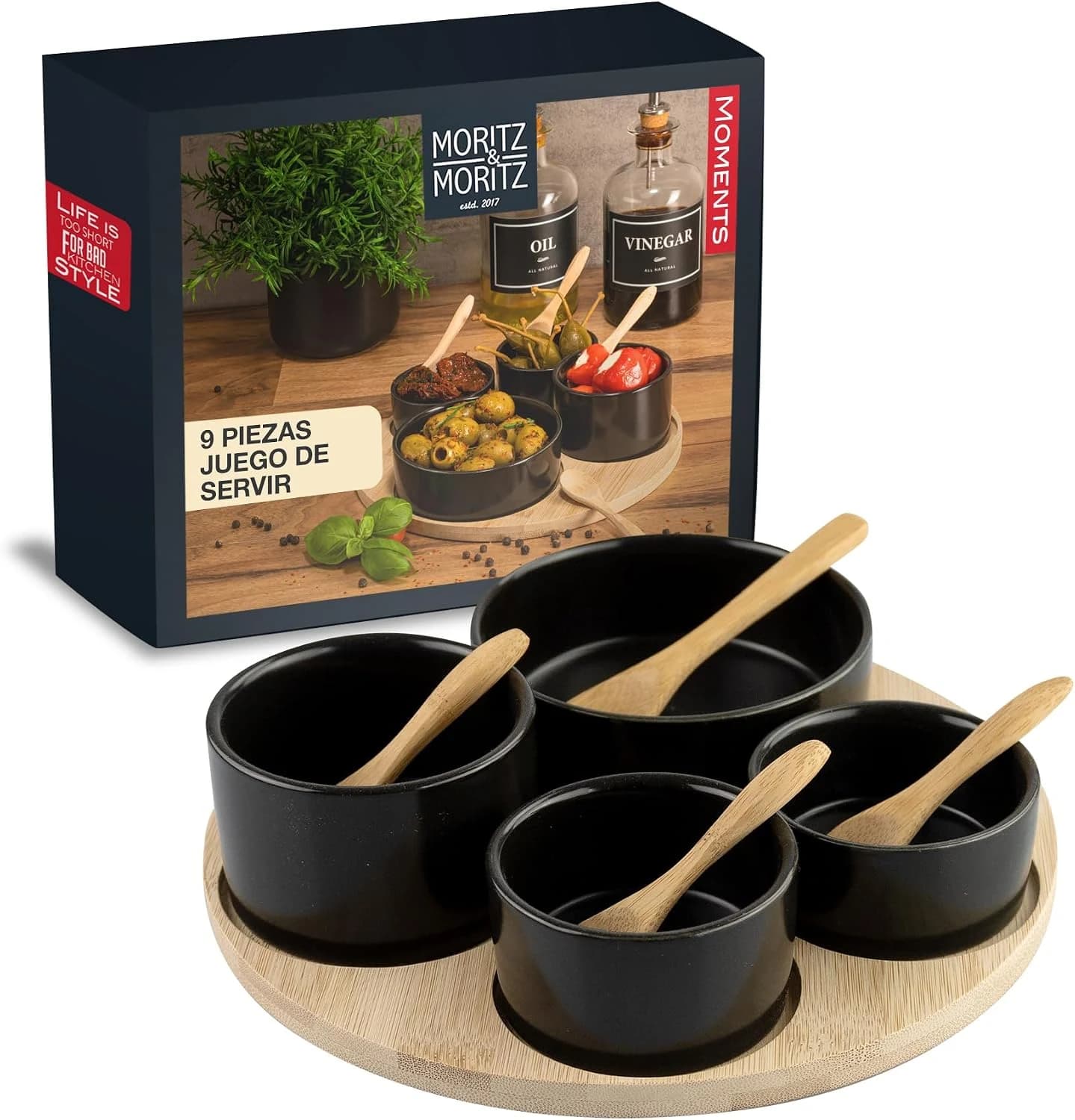 Moritz & Moritz Juego de cuencos para servir negro incl. cuchara - Juego de cuencos como cuencos para tapas, cuencos para mojar, cuencos para aperitivos y cuencos para tapas